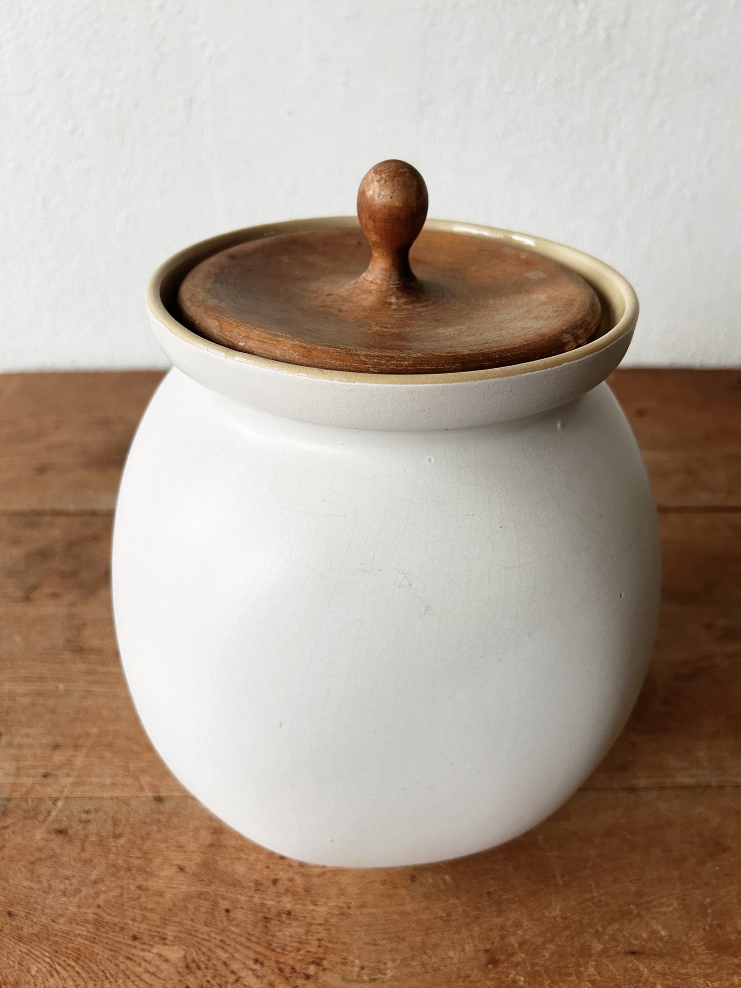 Large Vintage Ceramic Canister with Wood Lid