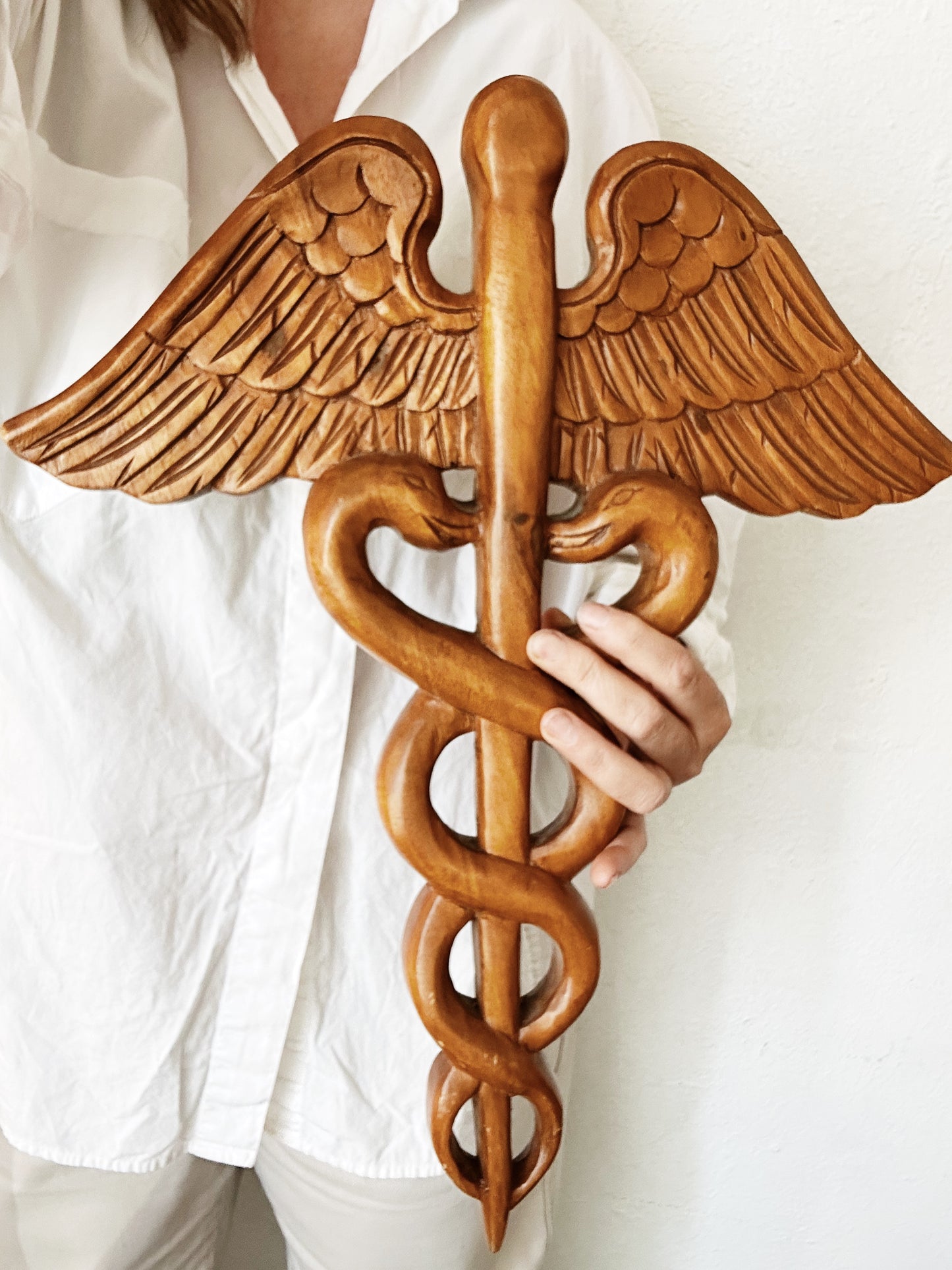 Vintage Carved Wood Caduceus