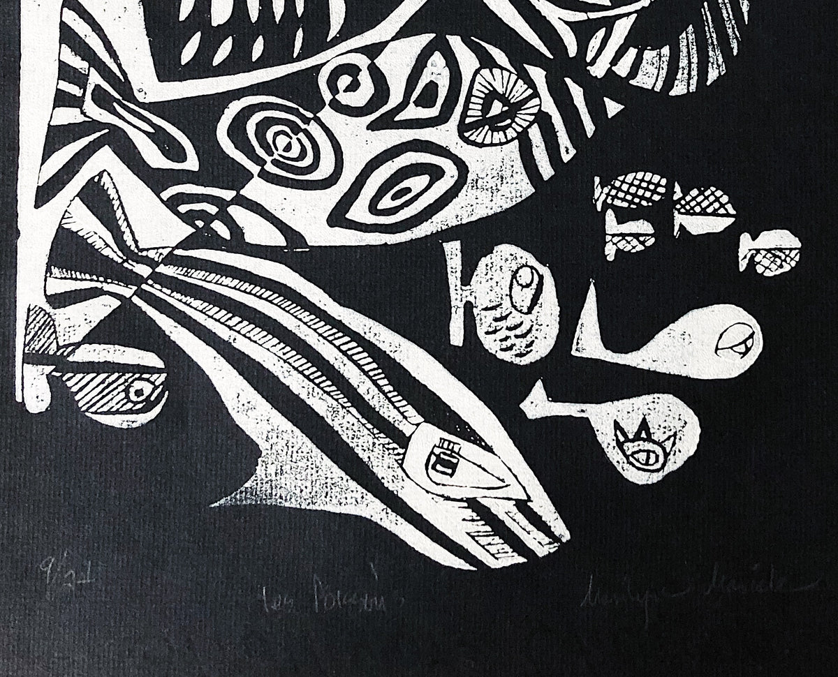 Original Vintage Les Poissons Woodcut Print