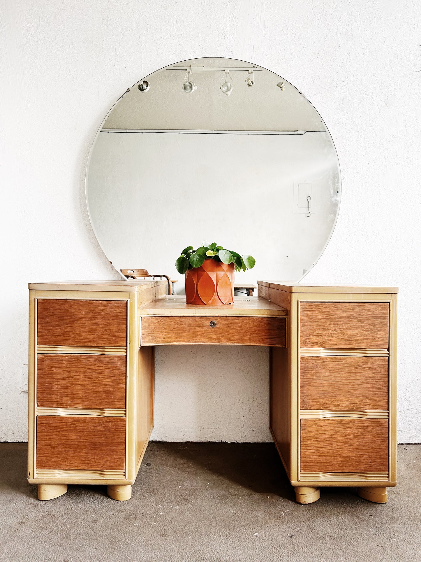 Antique Oak Vanity with Large Round Mirror