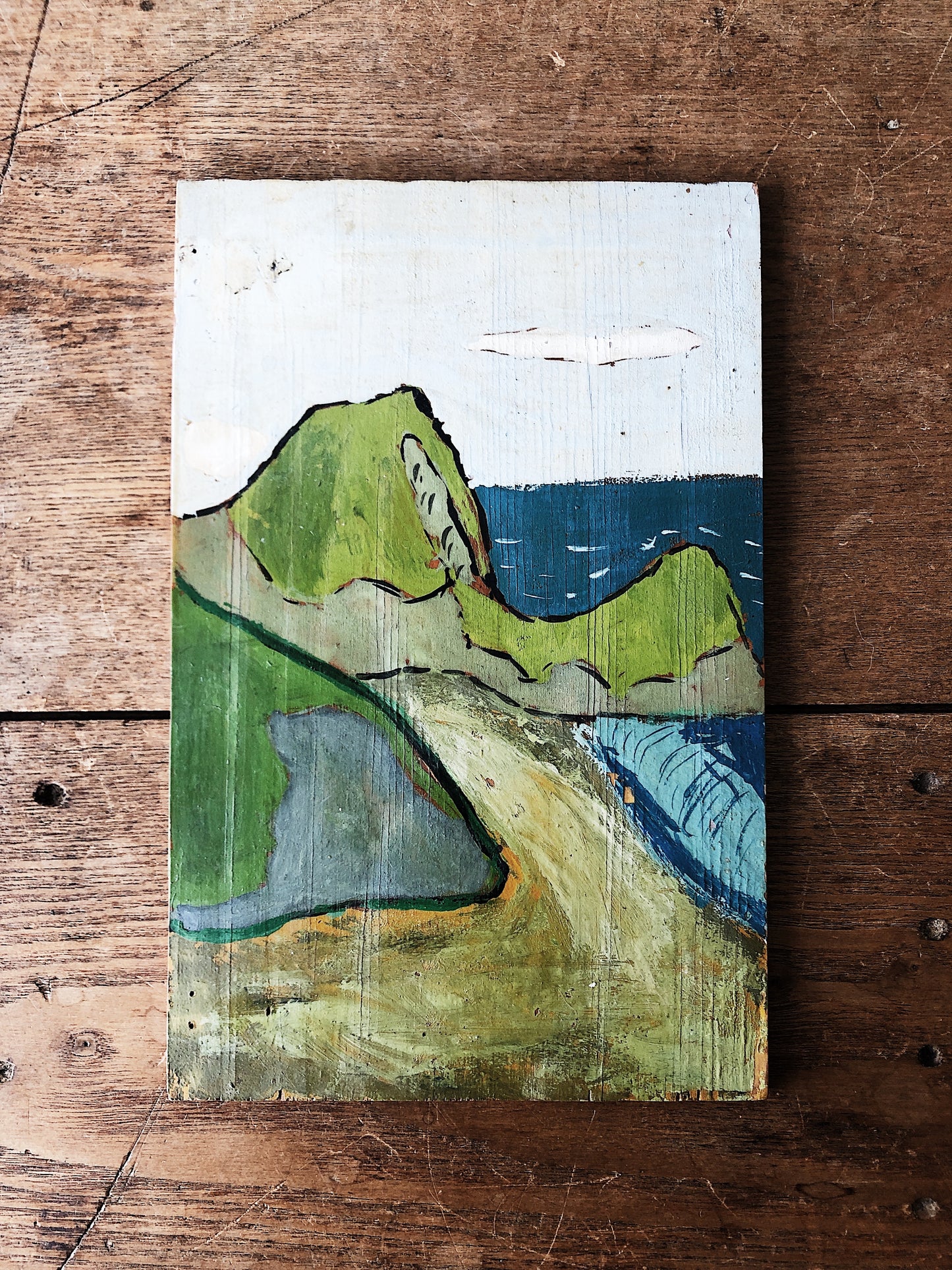 Vintage Folk Landscape Painting and Easel