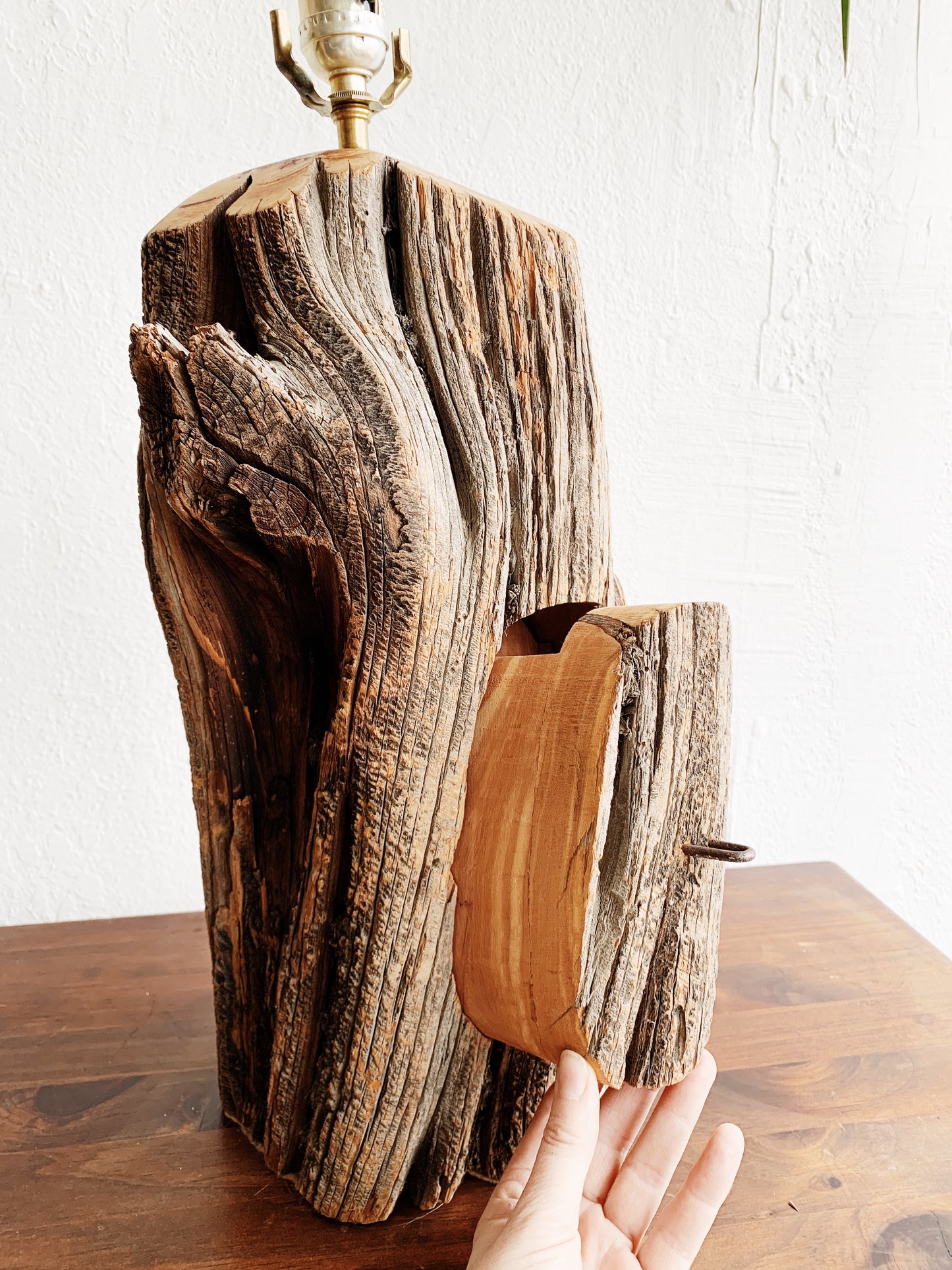 Handmade Vintage Wood Lamp with Secret Drawer