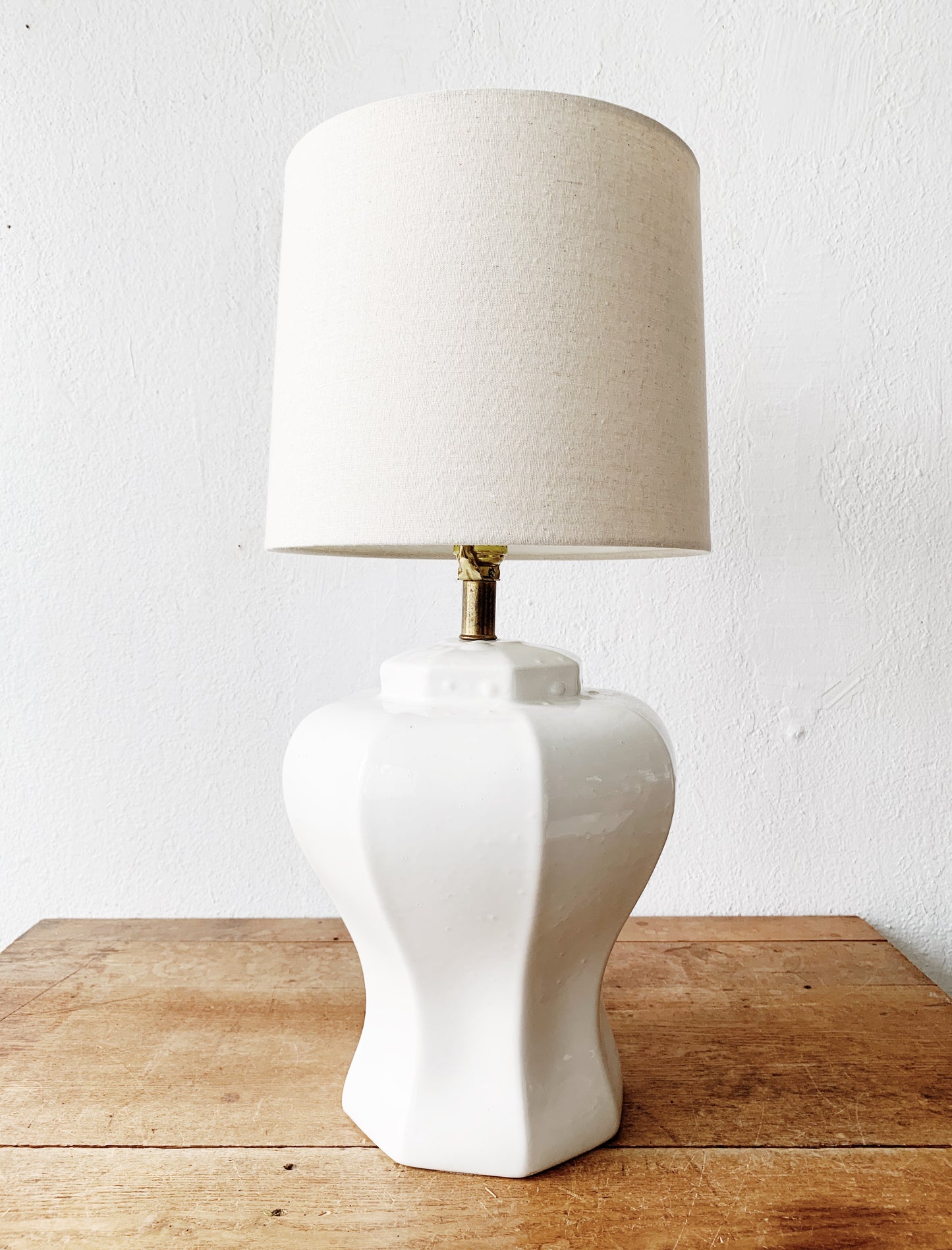 Vintage white Ceramic Lamp with Linen Shade