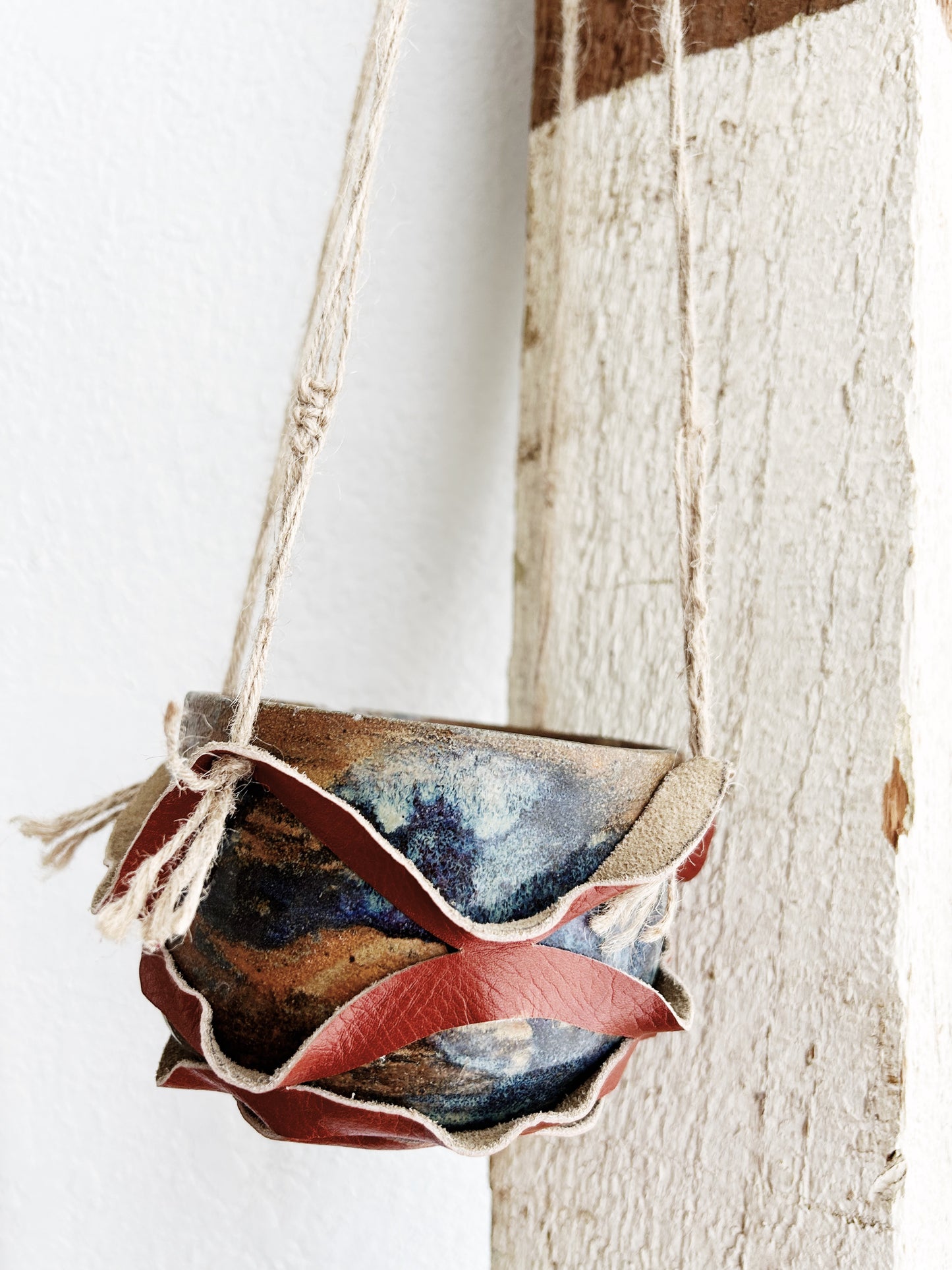 Handmade Leather Hanger with Vintage Stoneware