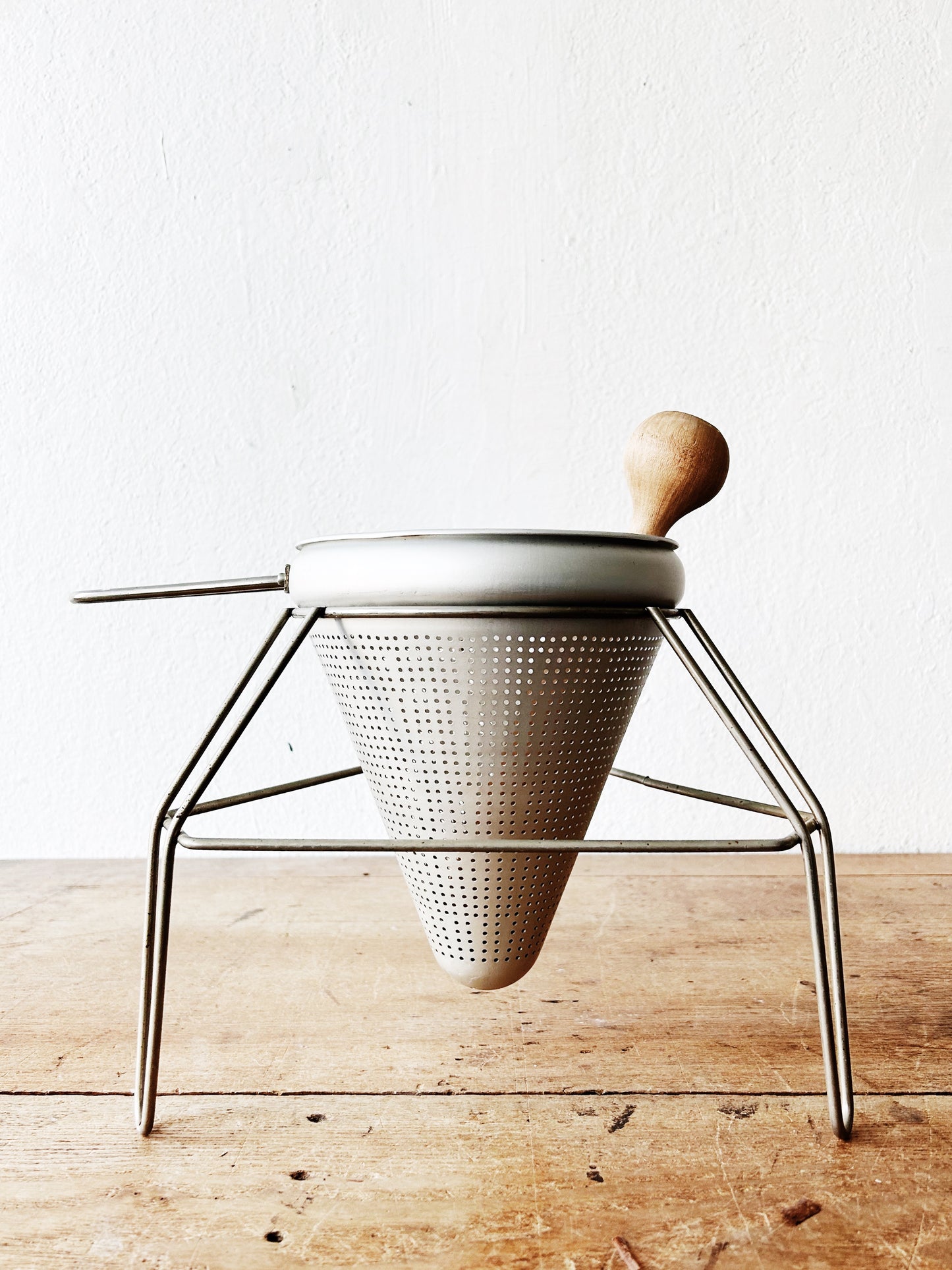Vintage Metal Sieve with Stand and Wood Pestle