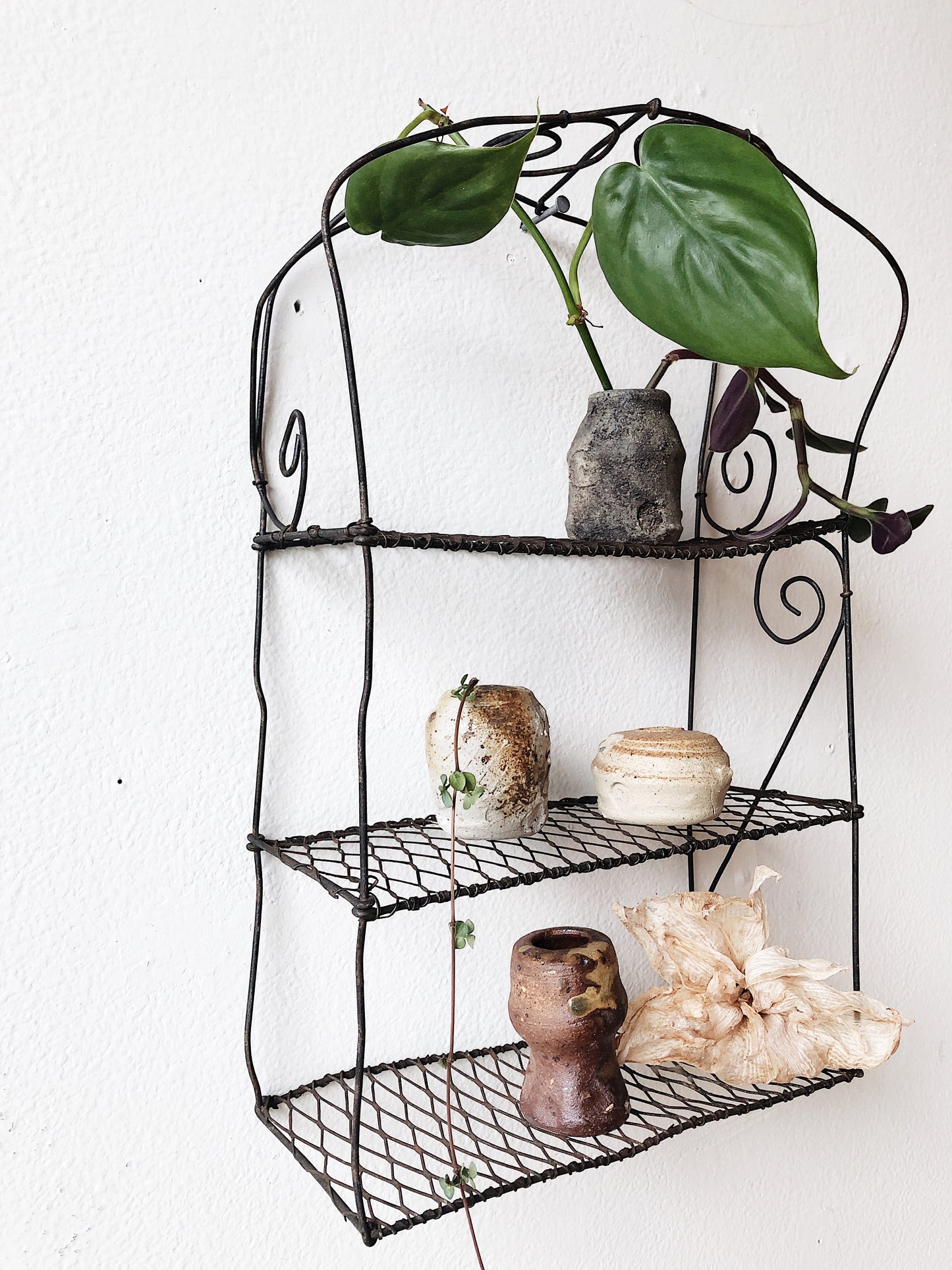 Beautiful Primitive Wire Shelf Rack and Vessels