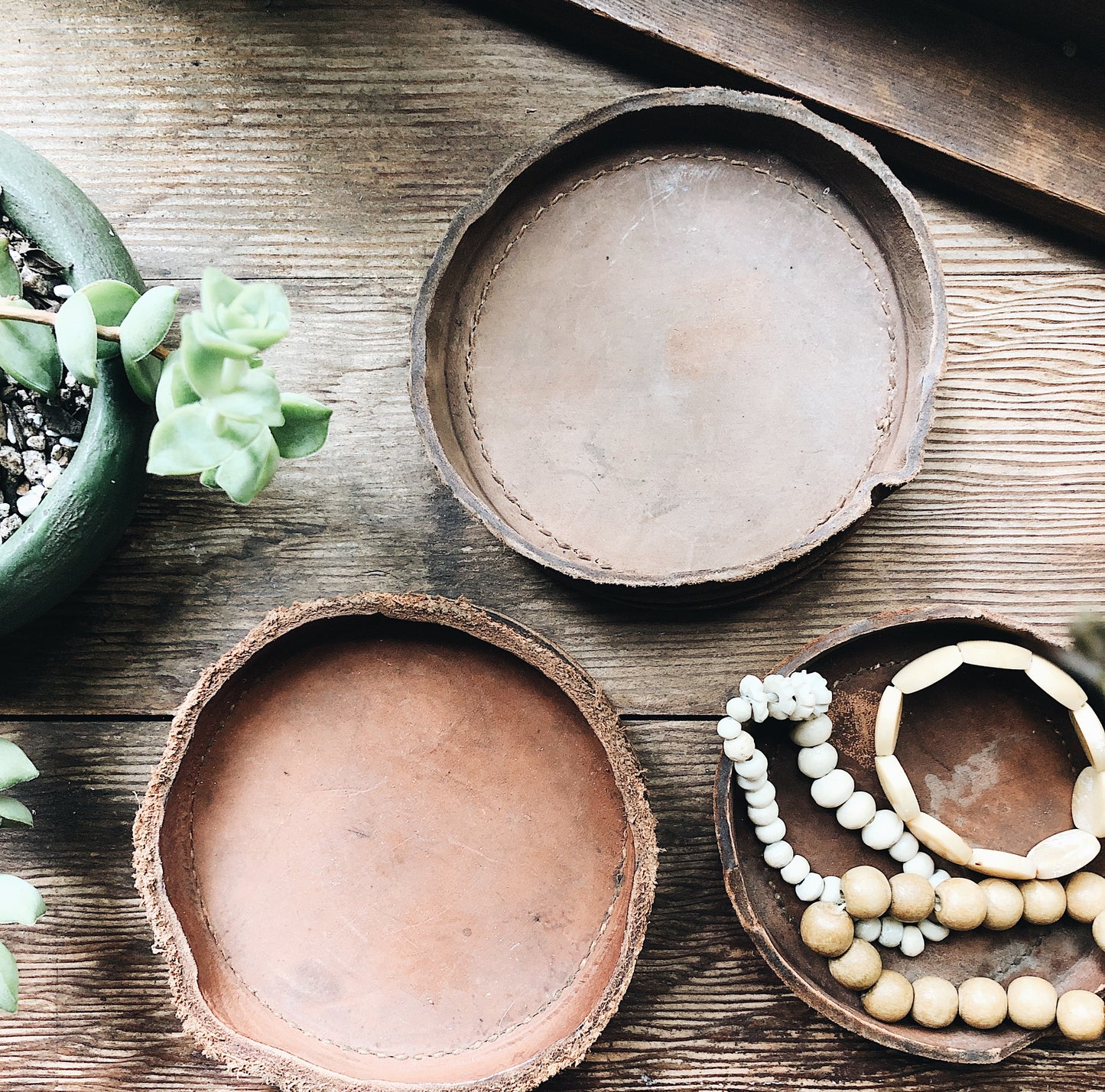 Set of Three Handmade Leather Bowls