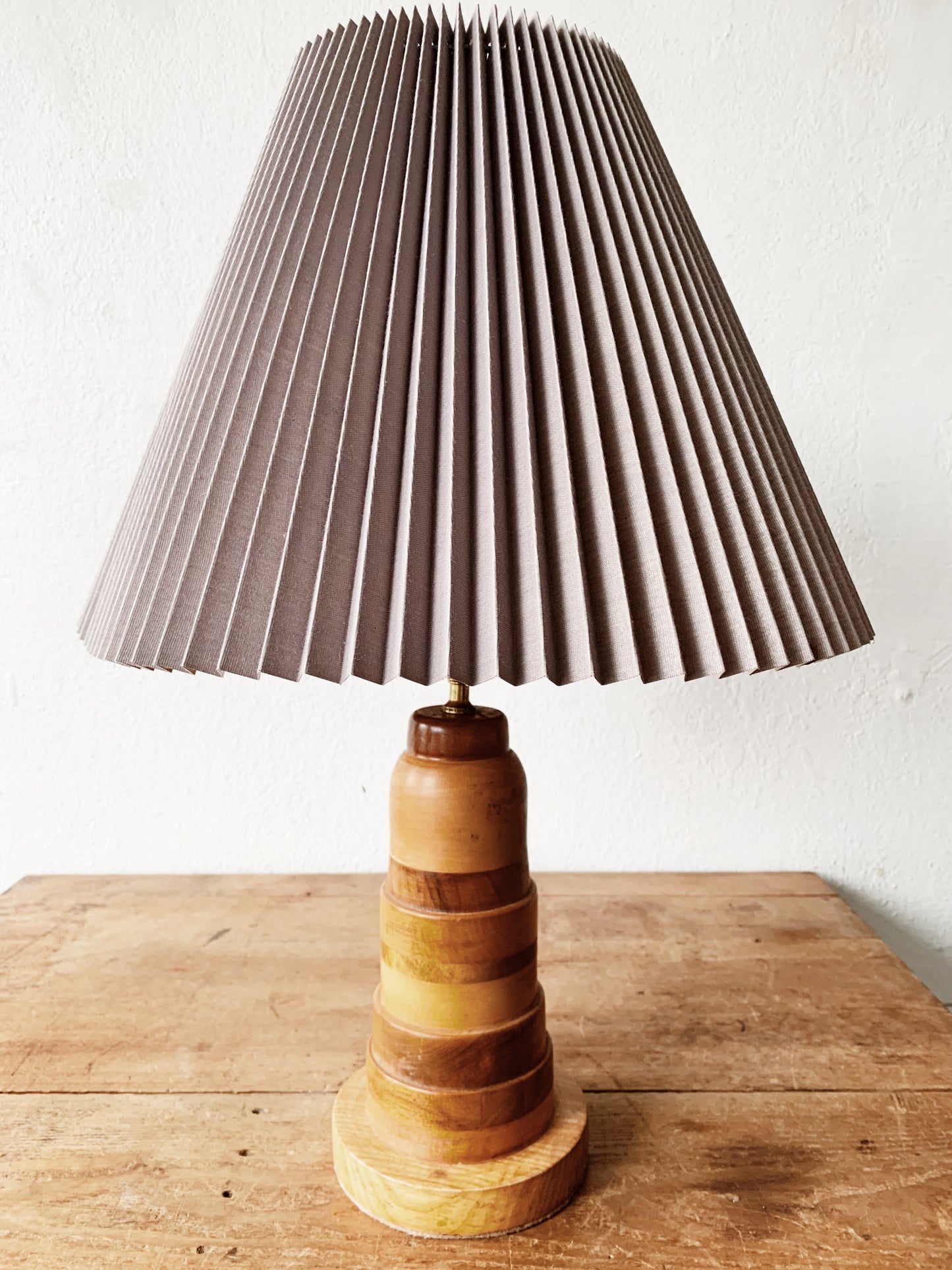 Vintage Handmade Wood Lamp with Pleated Shade
