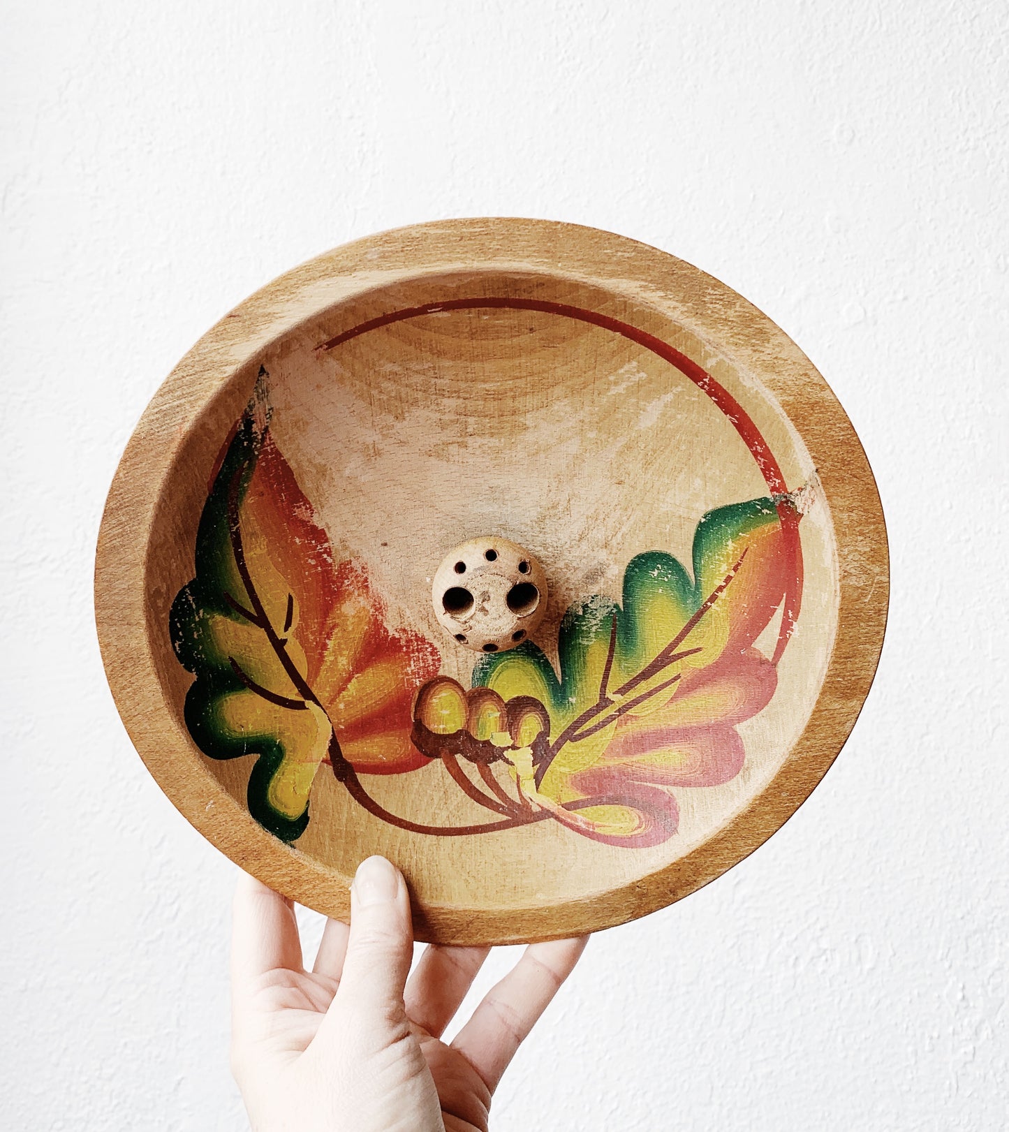 Vintage Hand Painted Footed Wood Incense Bowl