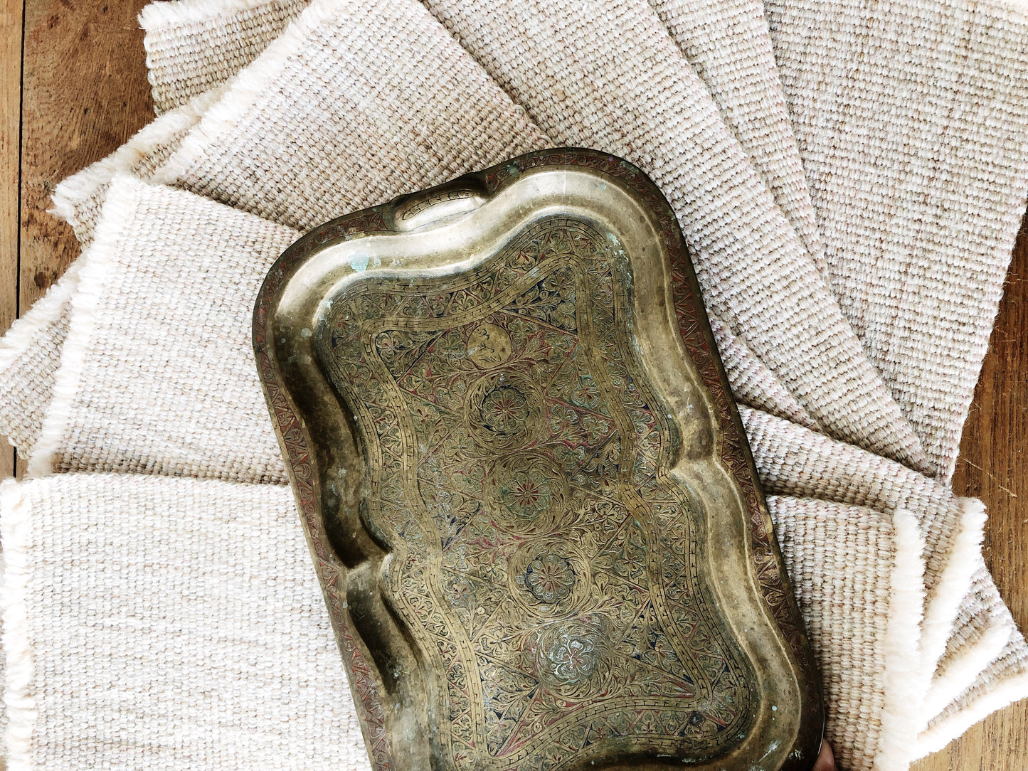 Vintage Hand Painted Incised Brass Tray