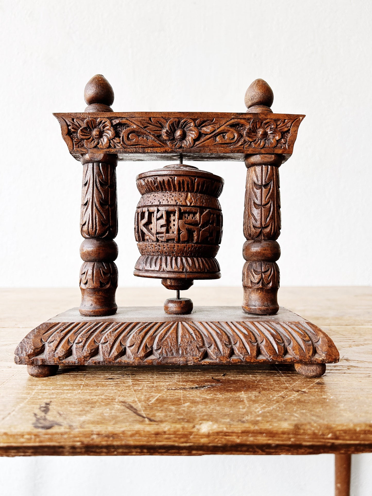 Vintage Carved Wood Tibetan Prayer Wheel