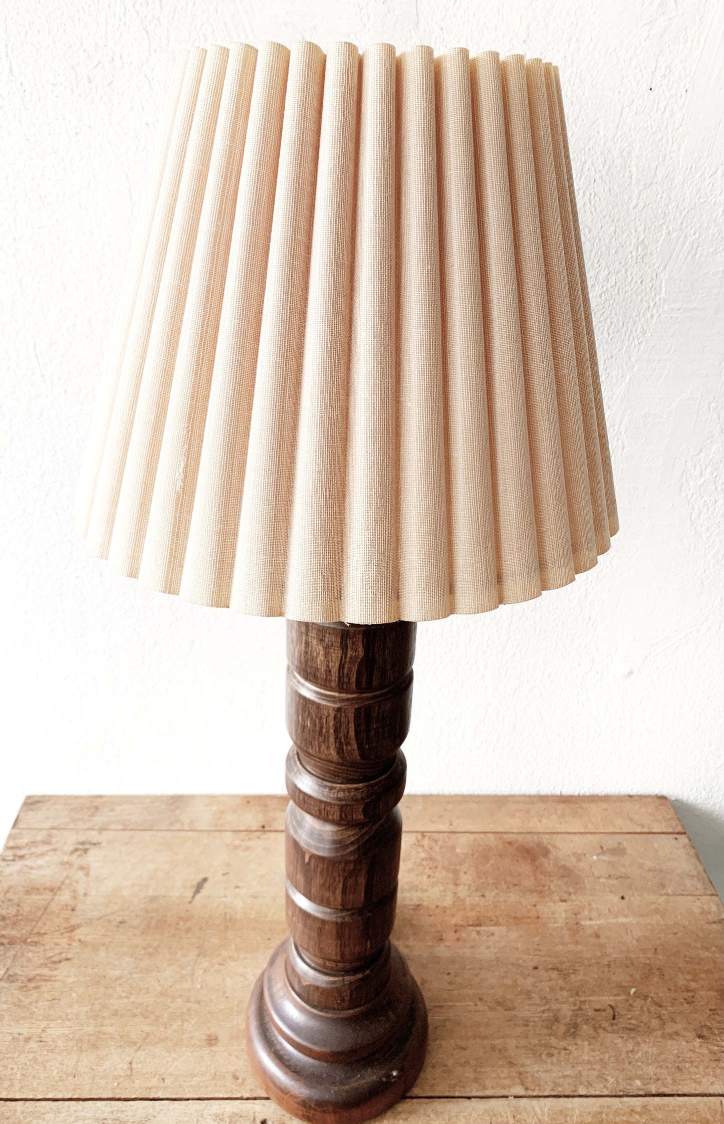 Tall Vintage Turned Wood Lamp with Pleated Shade