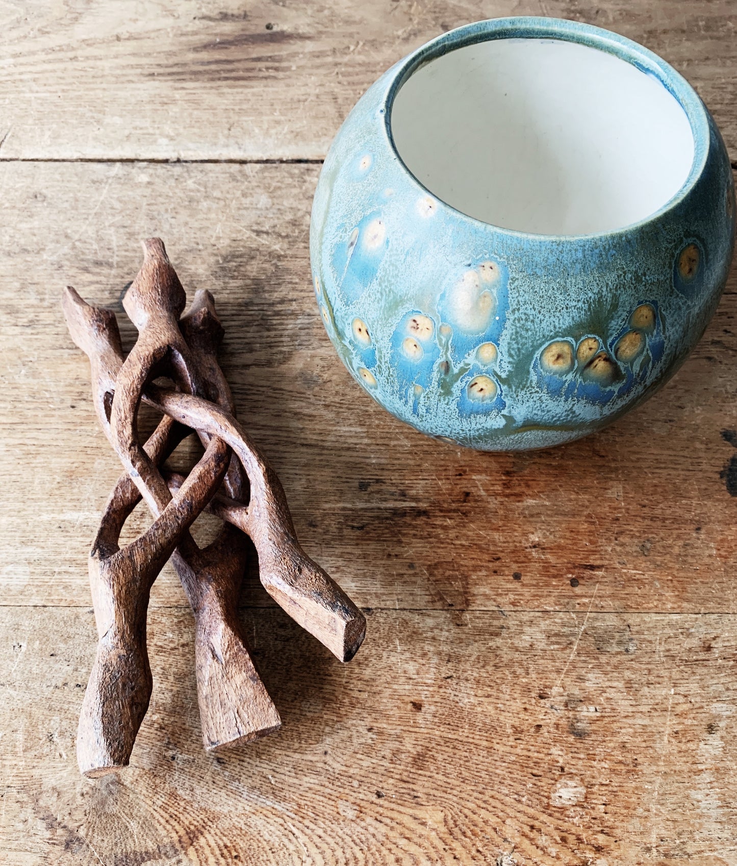 Vintage Ceramic Pot with Wood Stand