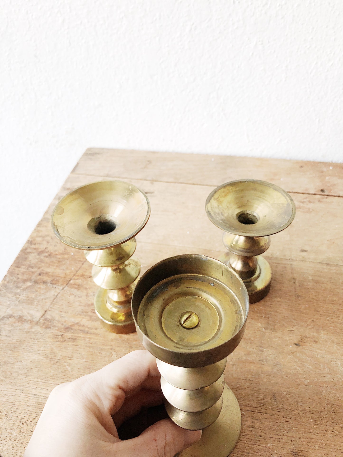 Vintage Modernist Brass Candle Trio