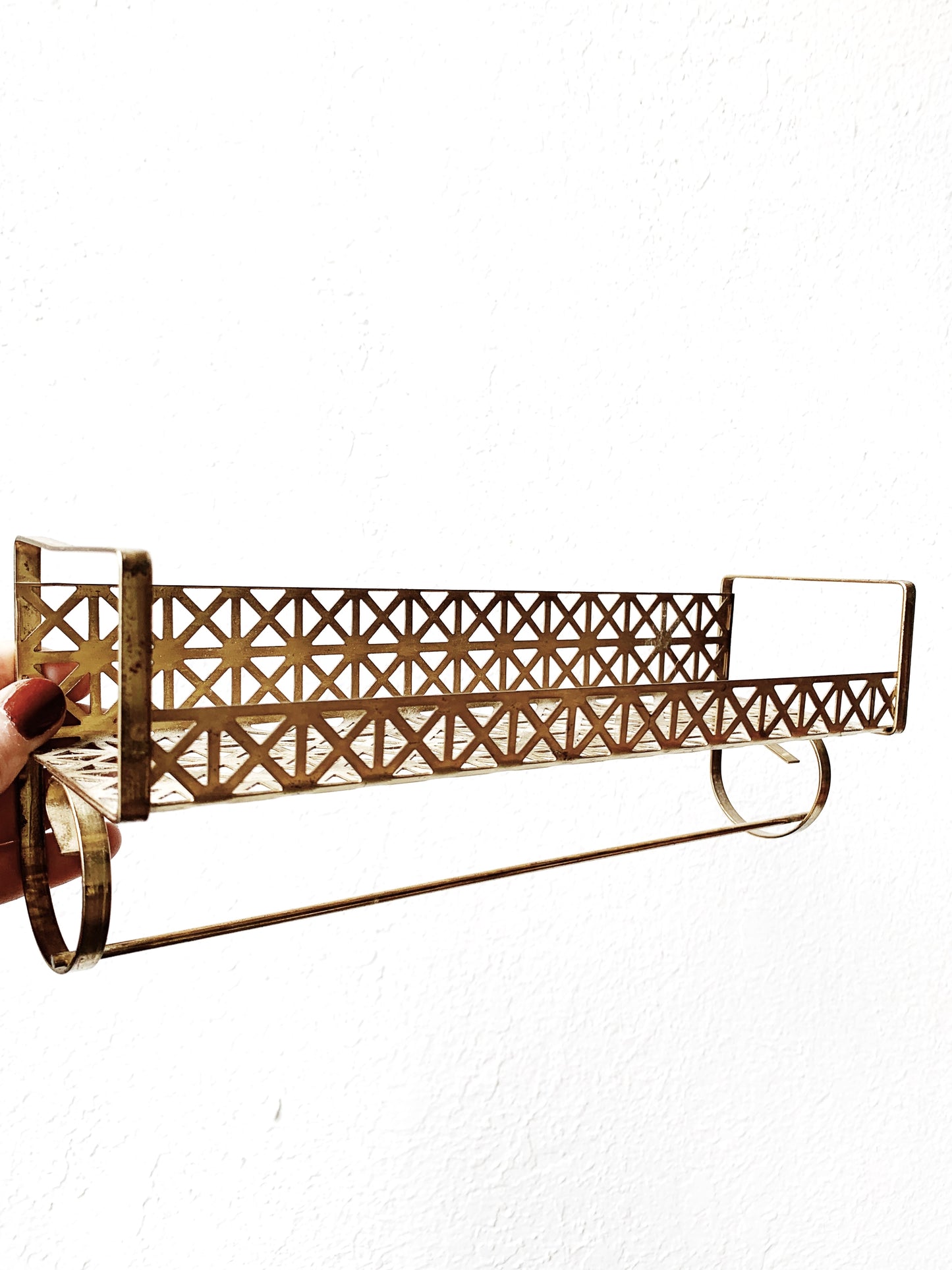 Mid Century Gold Tone Wall Shelf with Hanger