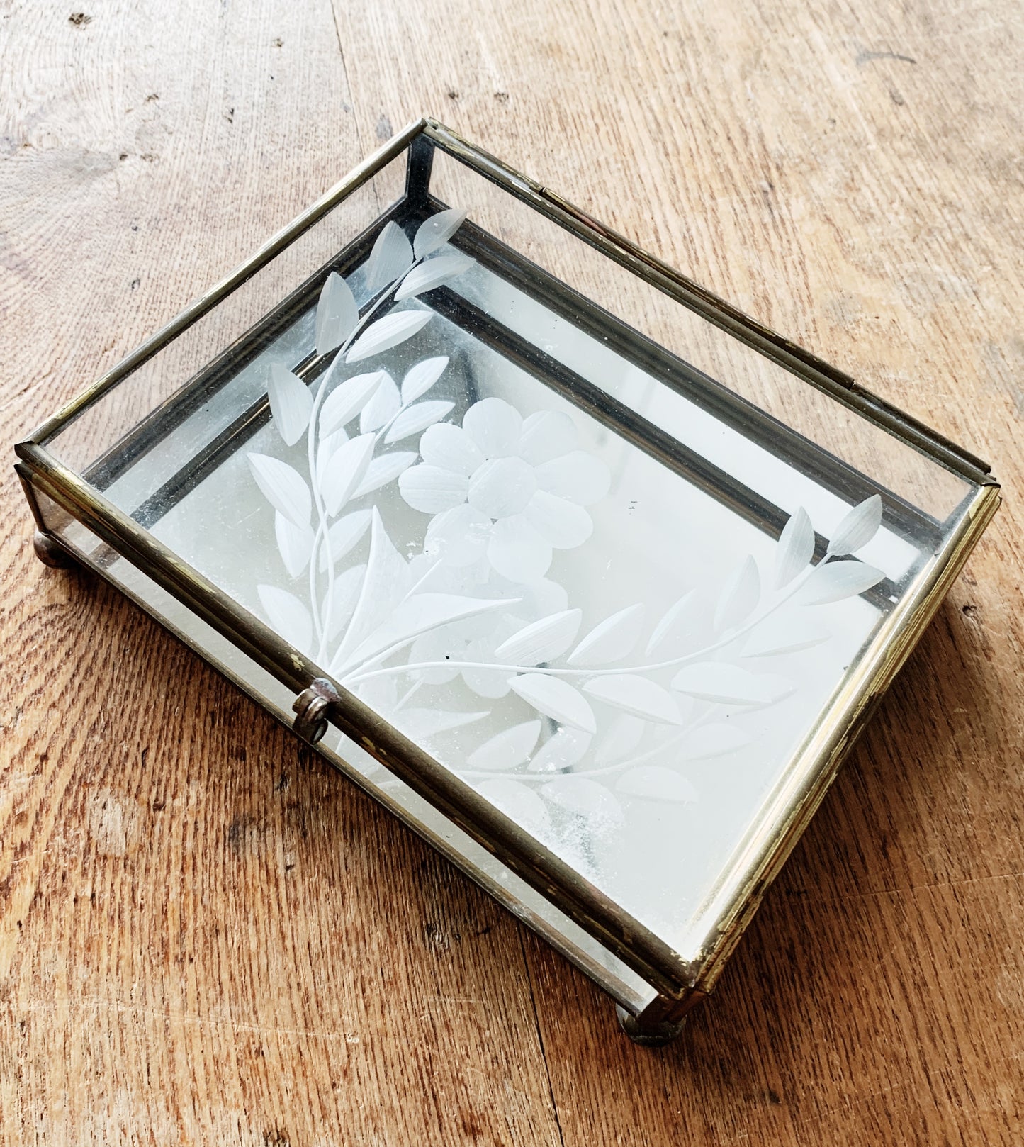Mirrored Vintage Etched Glass & Brass Box