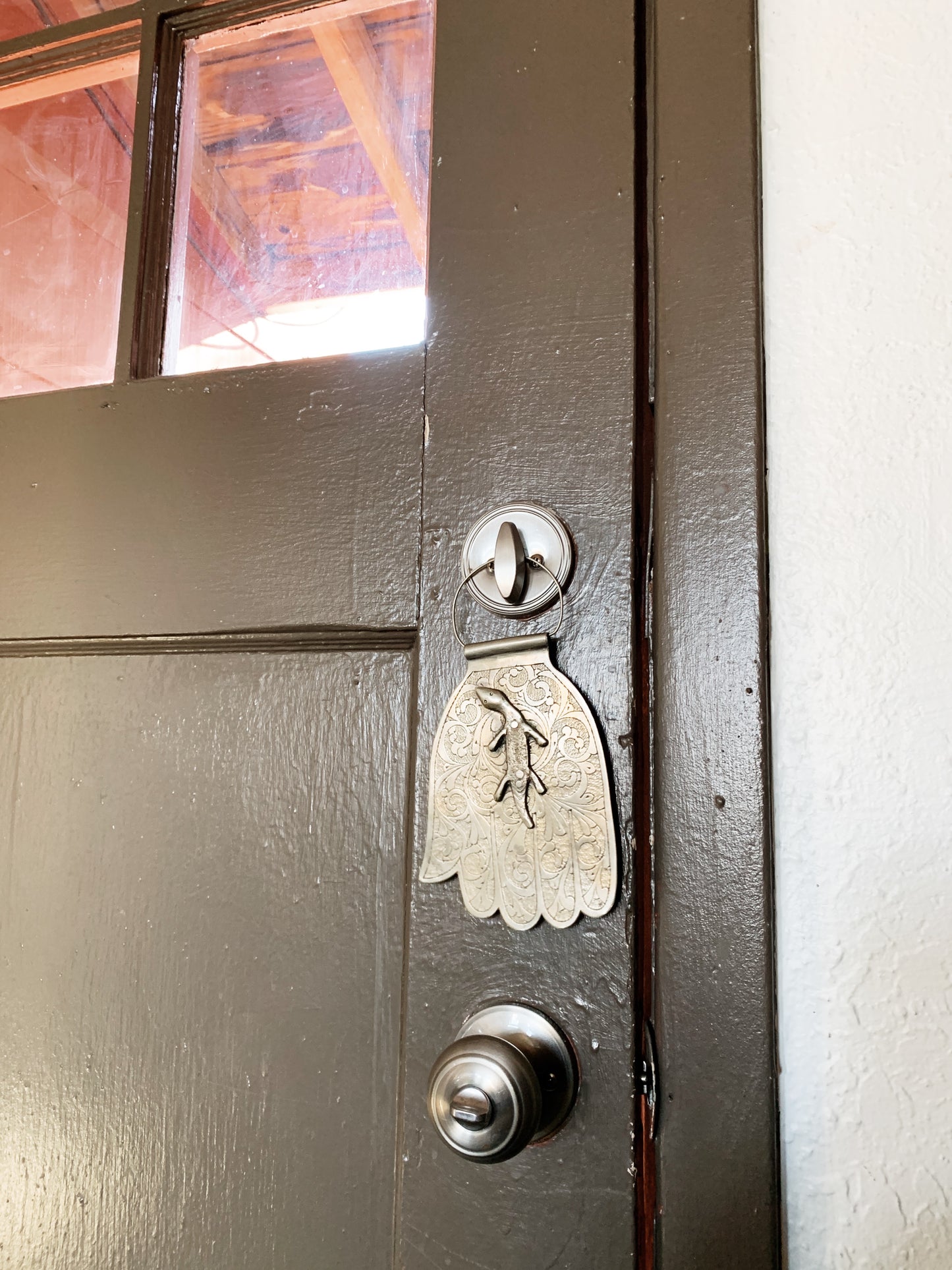 Vintage Incised Tin Hamsa with Lizard