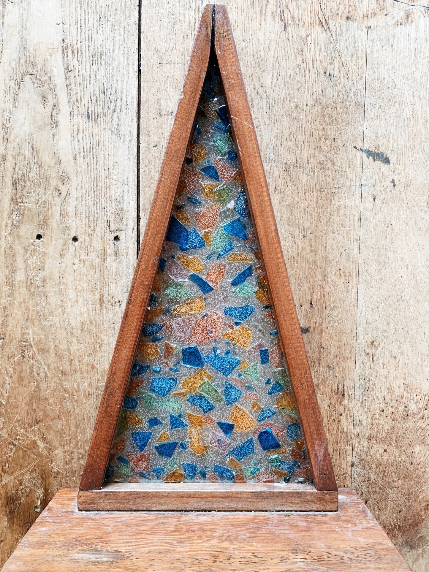Handmade Vintage Triangle Shelf with Confetti Glass