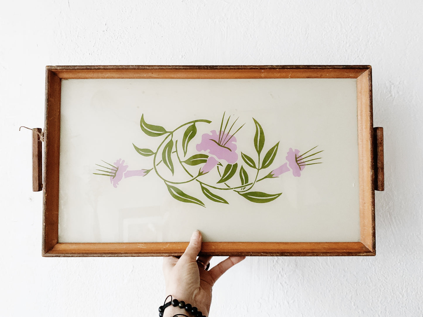 Large Vintage Glass with Wood Handled Tray