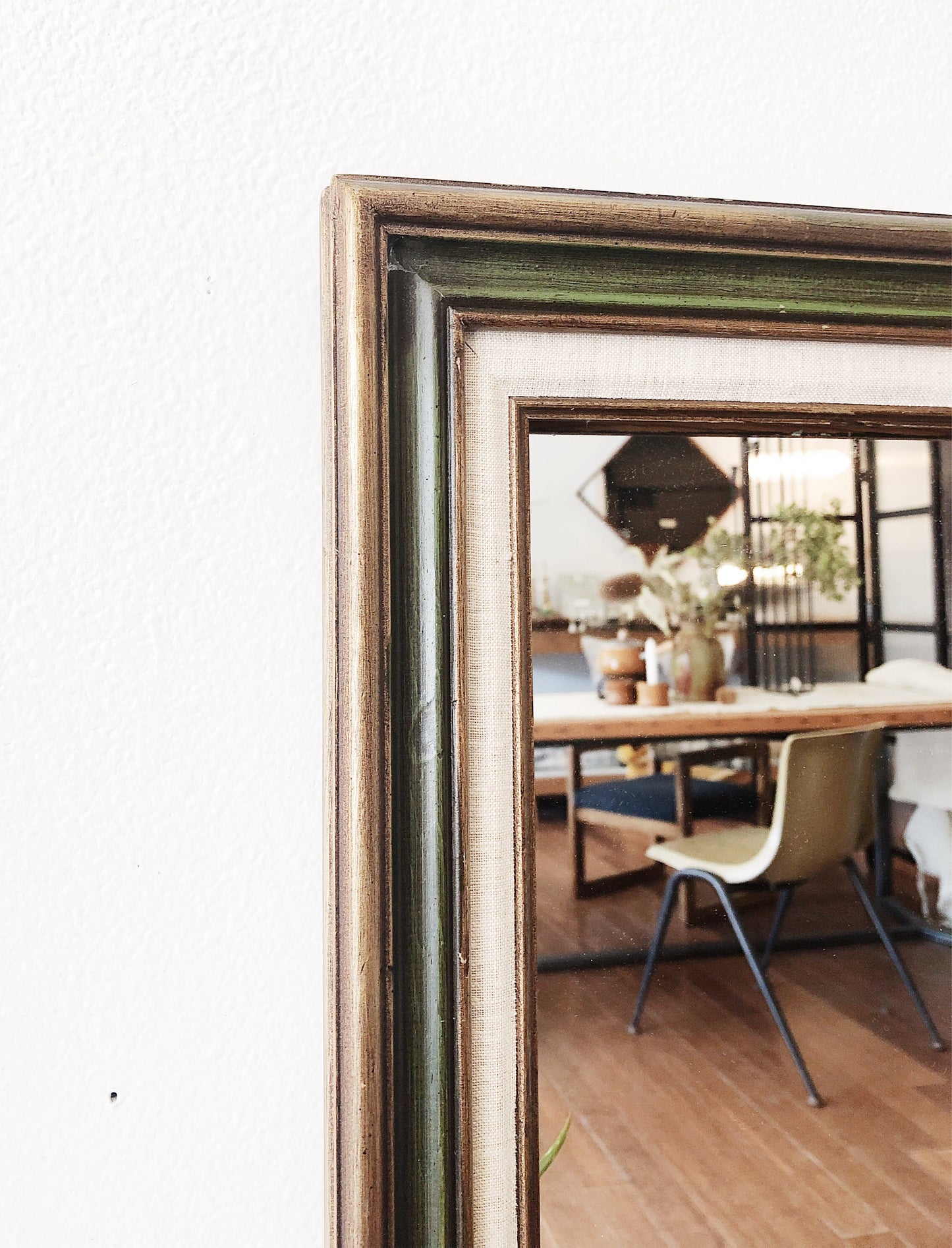 Vintage Wood and Linen Framed Mirror