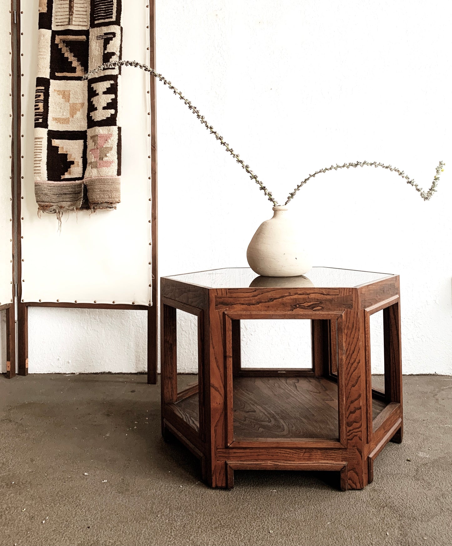 Vintage Wood Hexagon Coffee Table with Inlay Glass Top