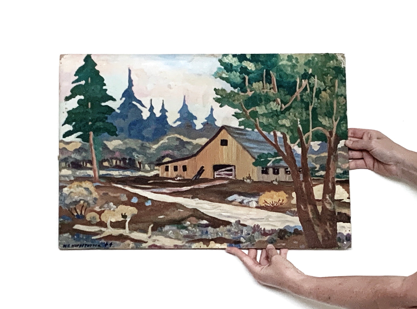 Vintage Barn Landscape Oil Painting