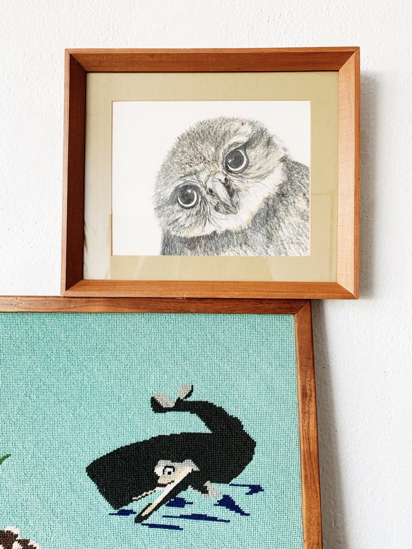 Vintage Framed Charcoal Owl Sketch