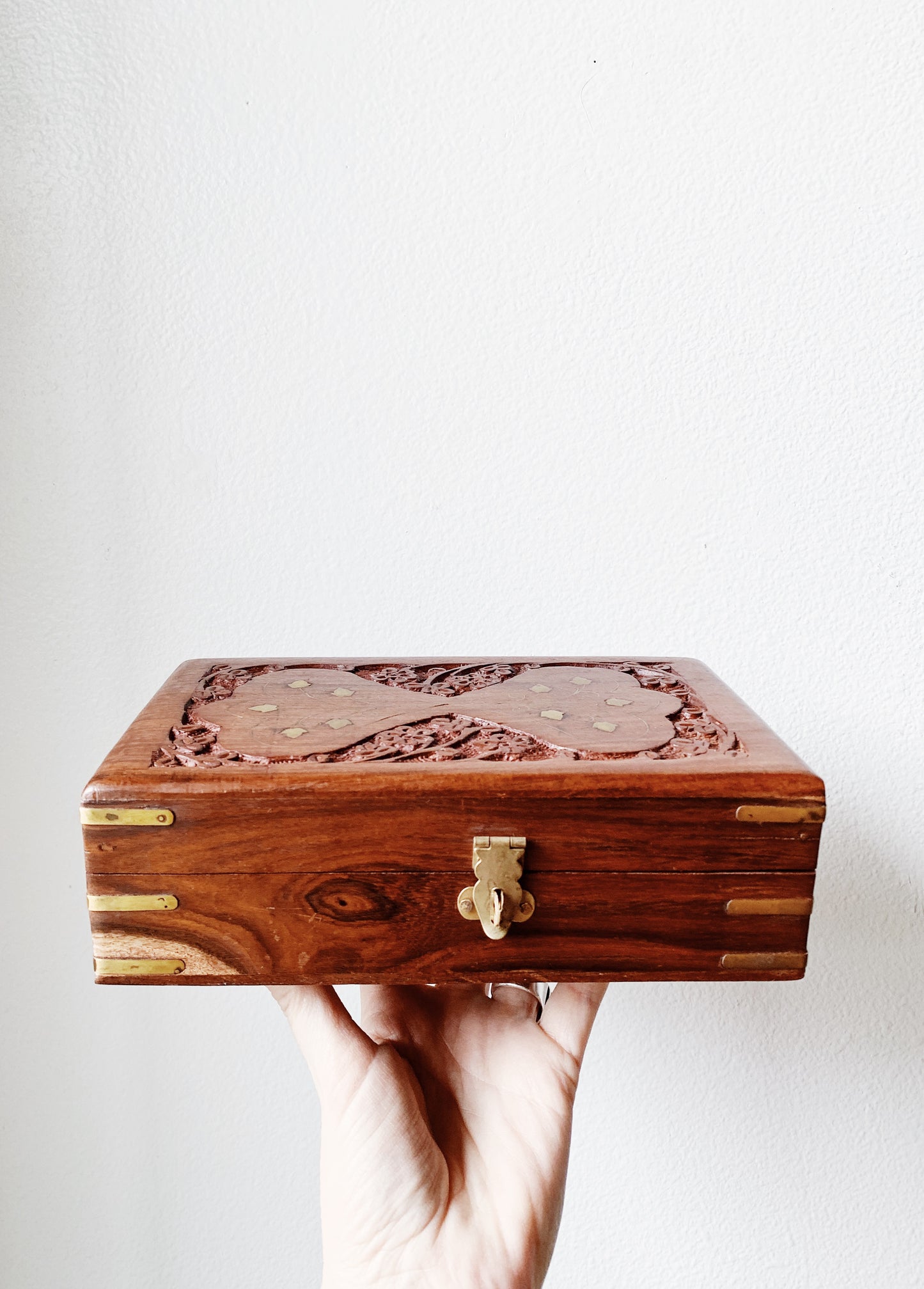 Vintage Carved Wood Box w Brass Inlay