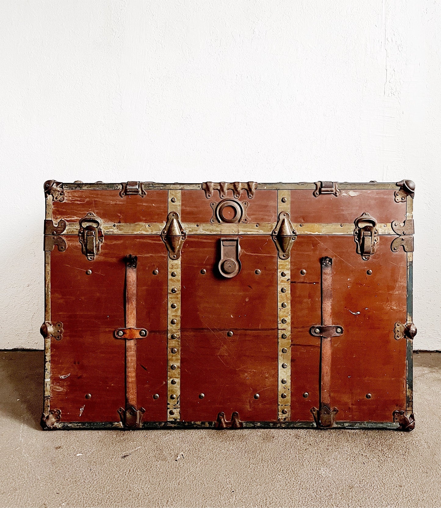Tall Antique Leather Steamer Trunk