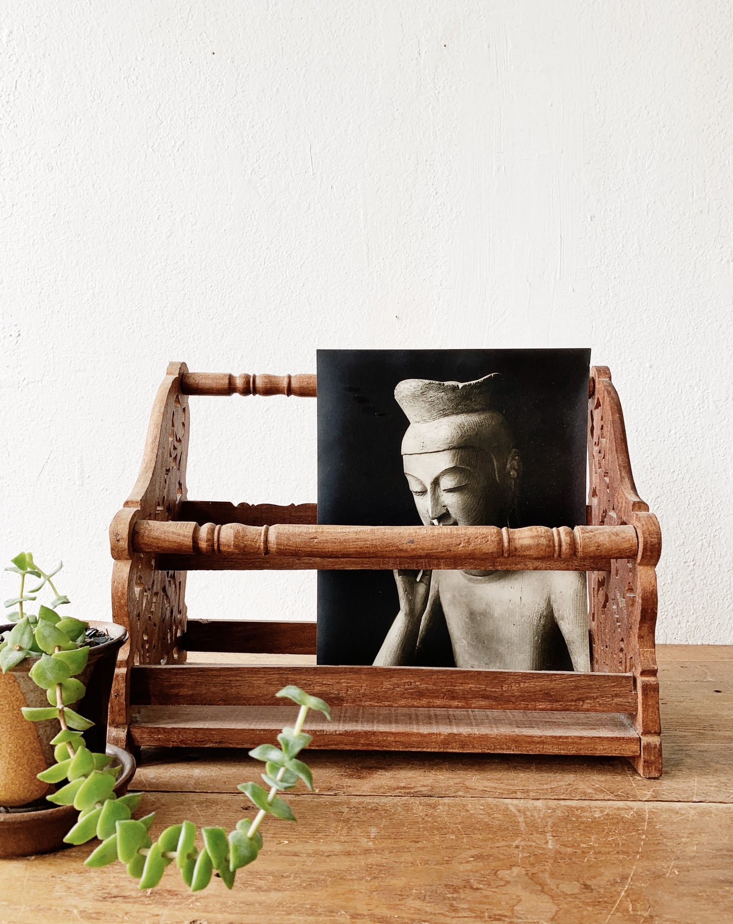 Vintage Black and White Carved Wood Buddha Print