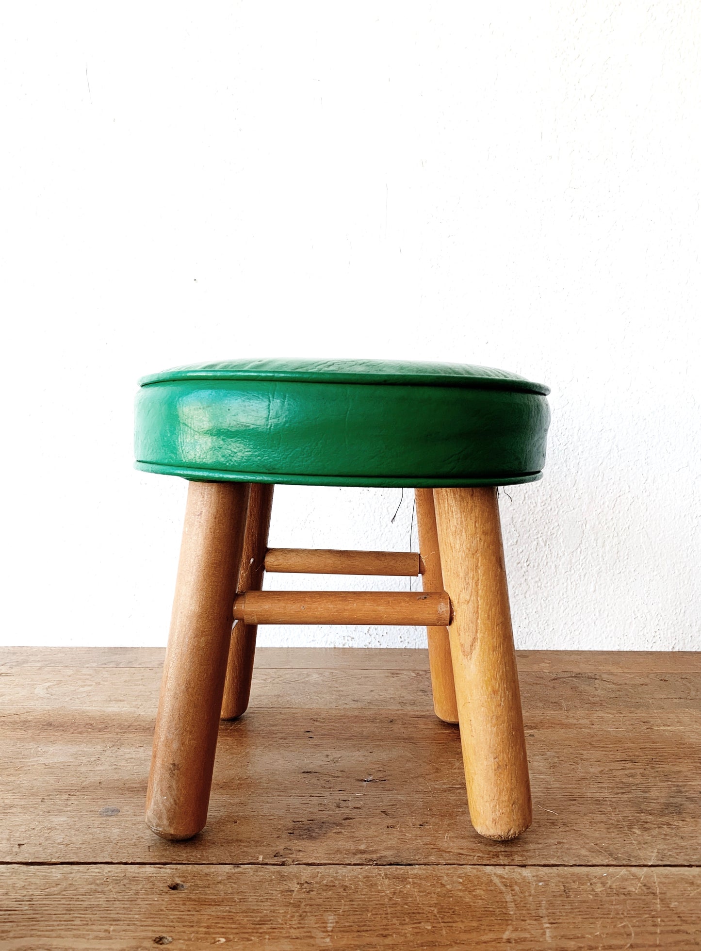 Small Vintage Upholstered Wood Stool