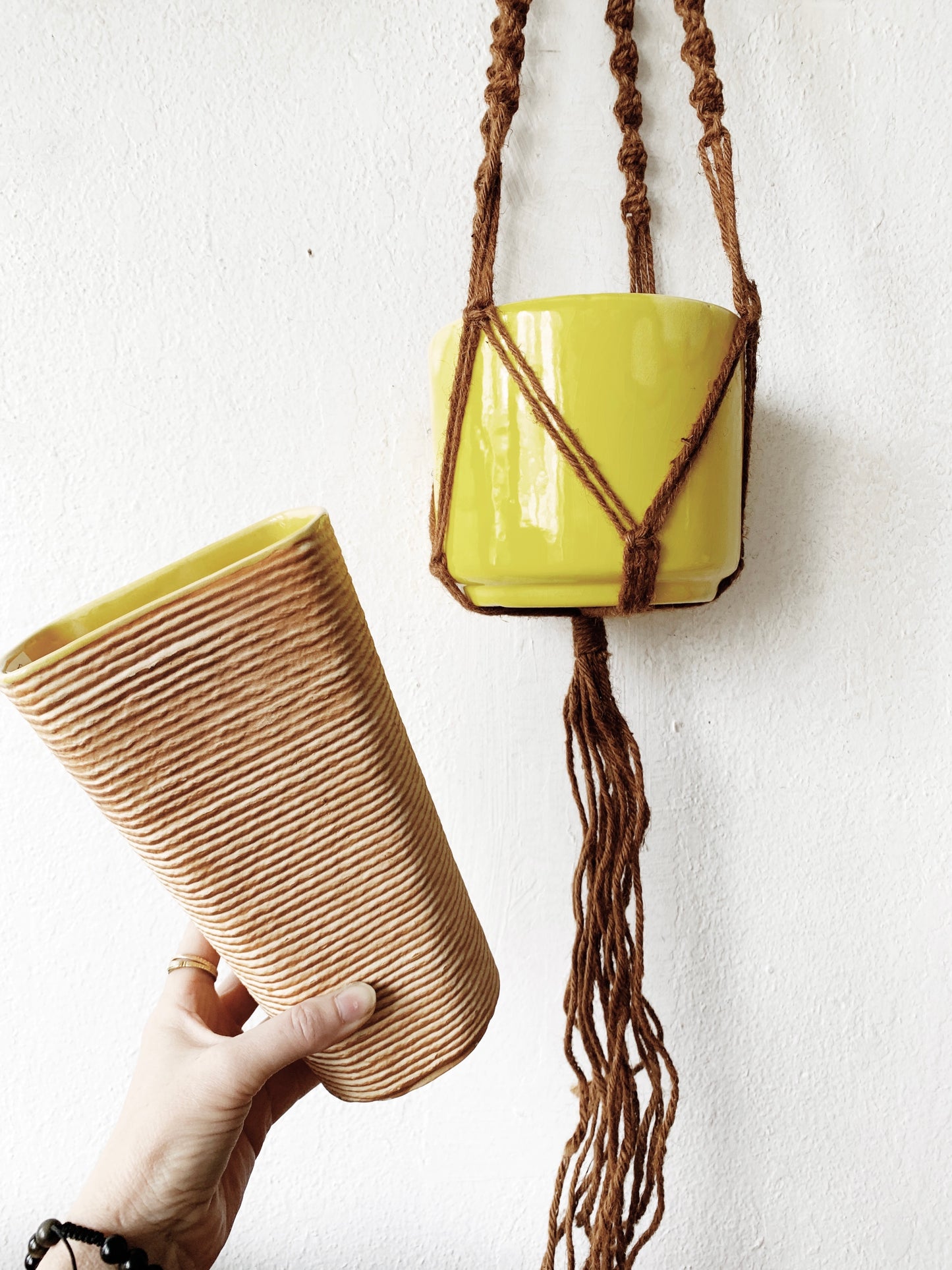 Vintage Jute Plant Hanger with Acid Yellow Pot