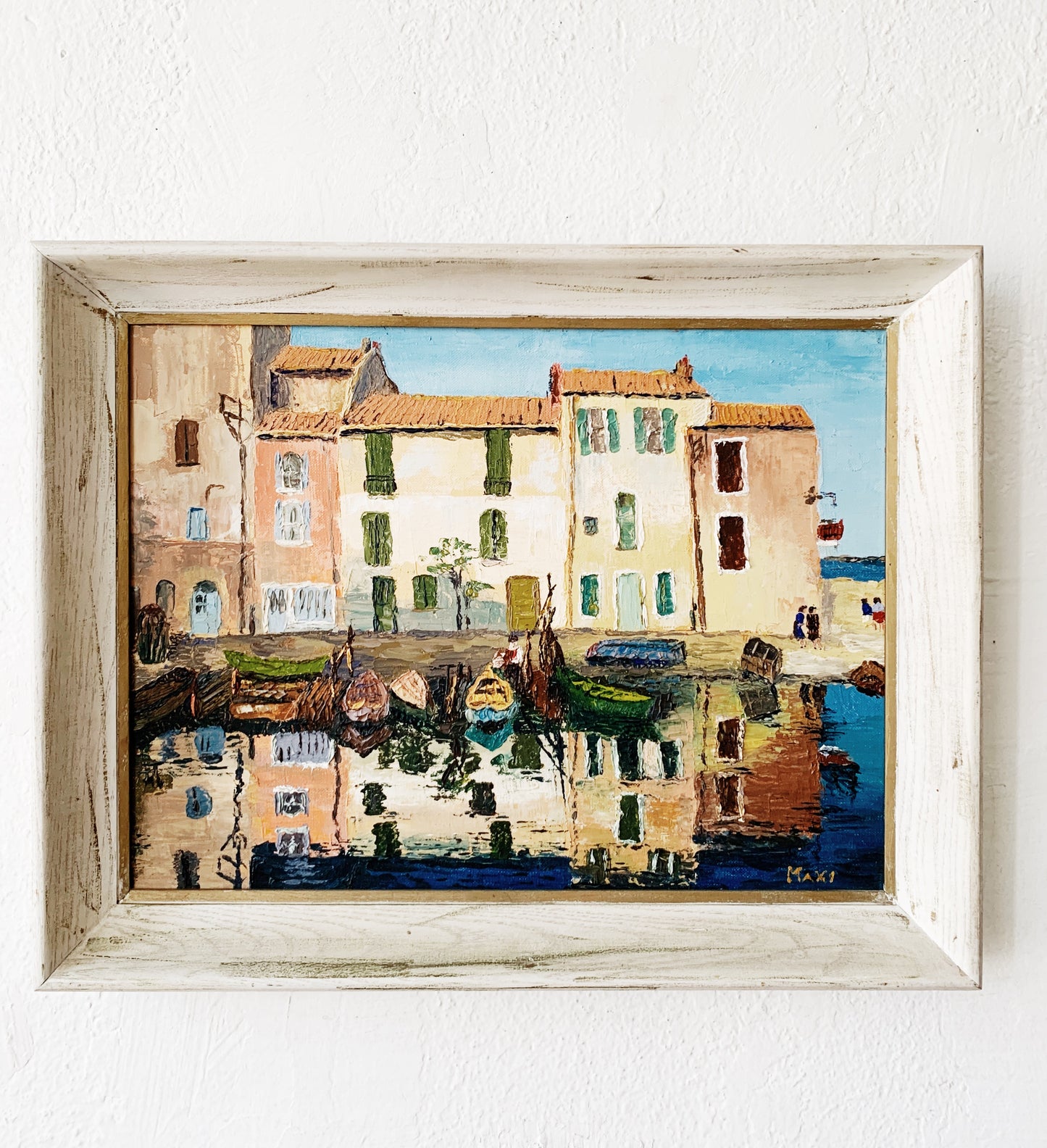 Vintage Framed Oil Painting French Fishing Village