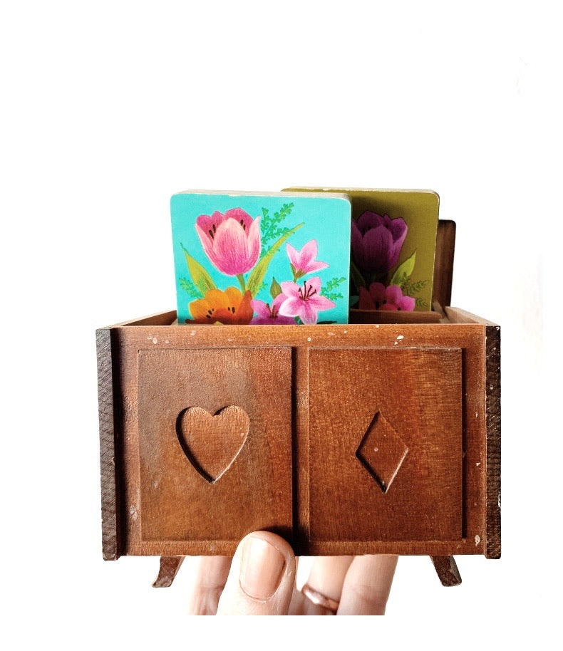 Mid Century Wood Card Holder with Two Decks