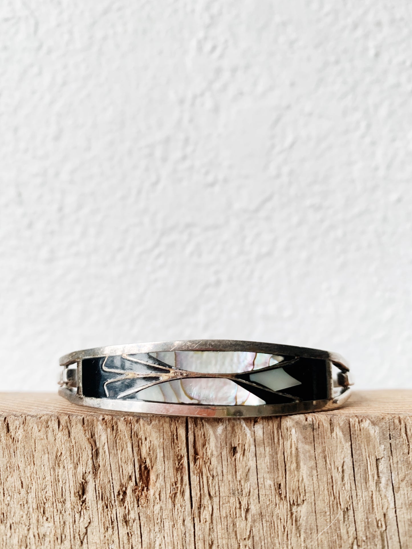 Vintage Sterling Cuff with Onyx and Abalone Inlay
