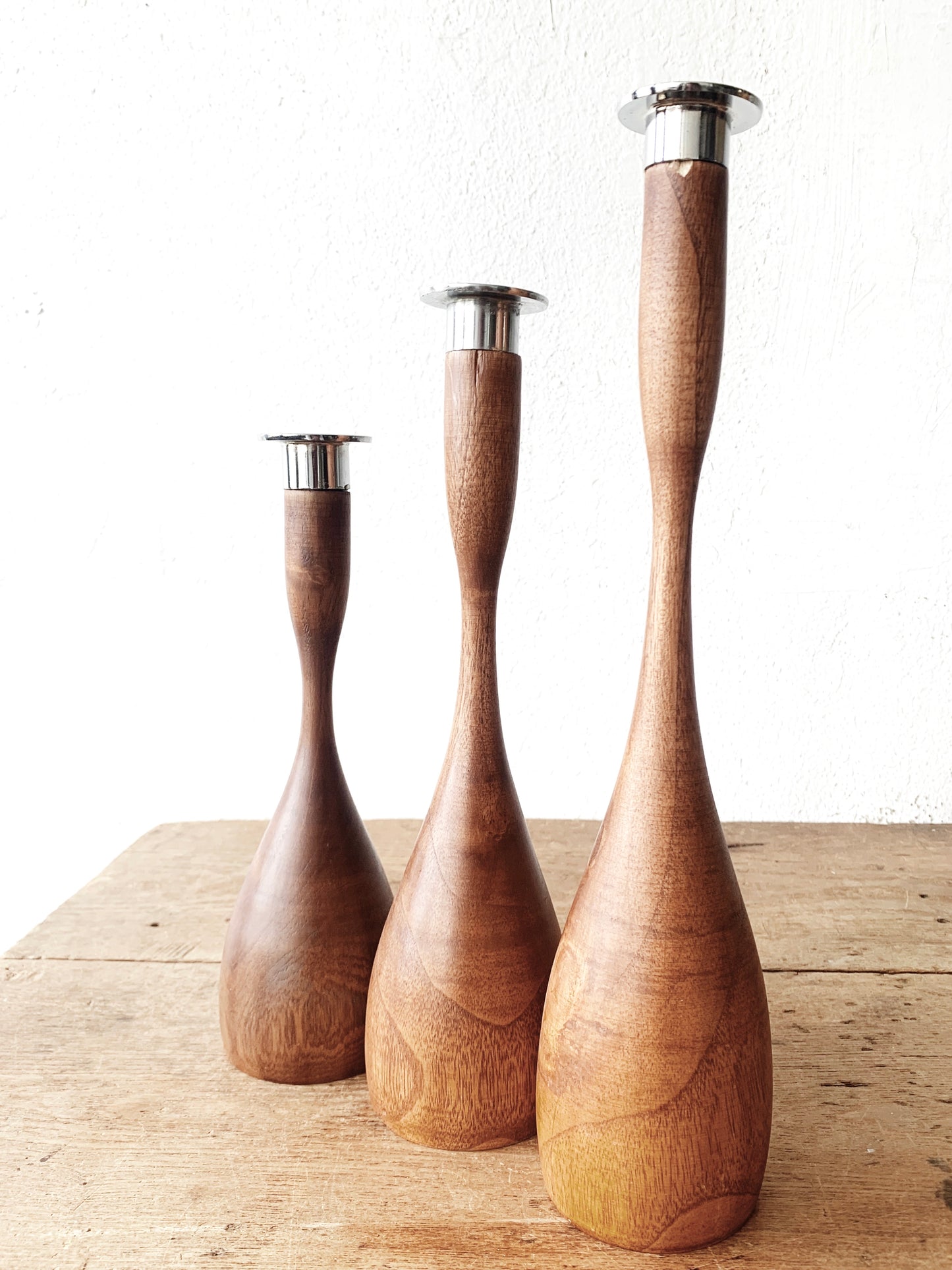 Vintage Wood Candle Holder Trio