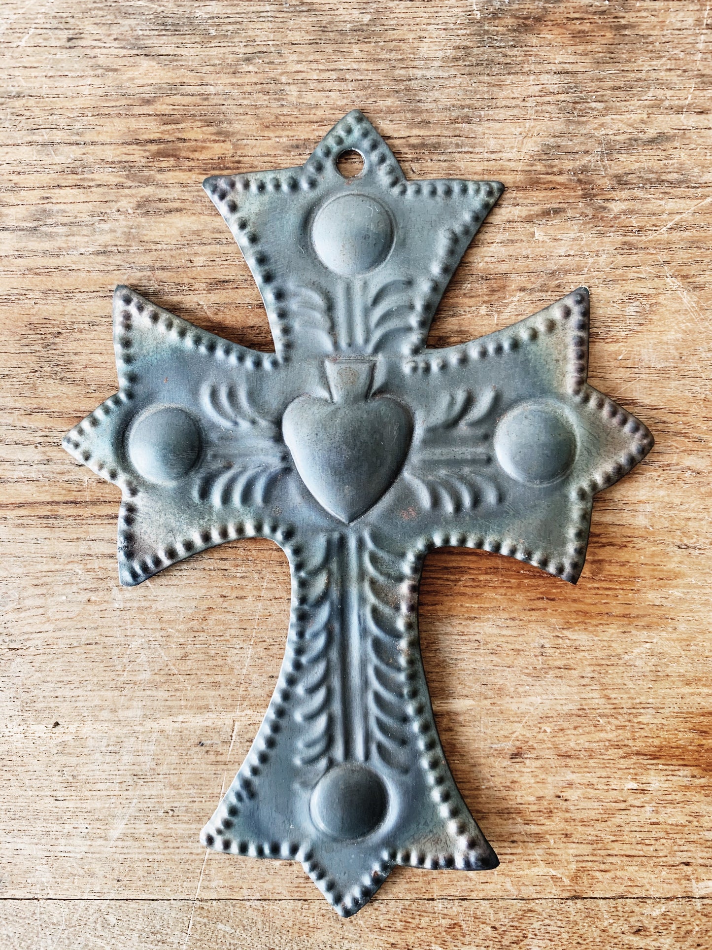 Vintage Pressed Tin Cross with Heart