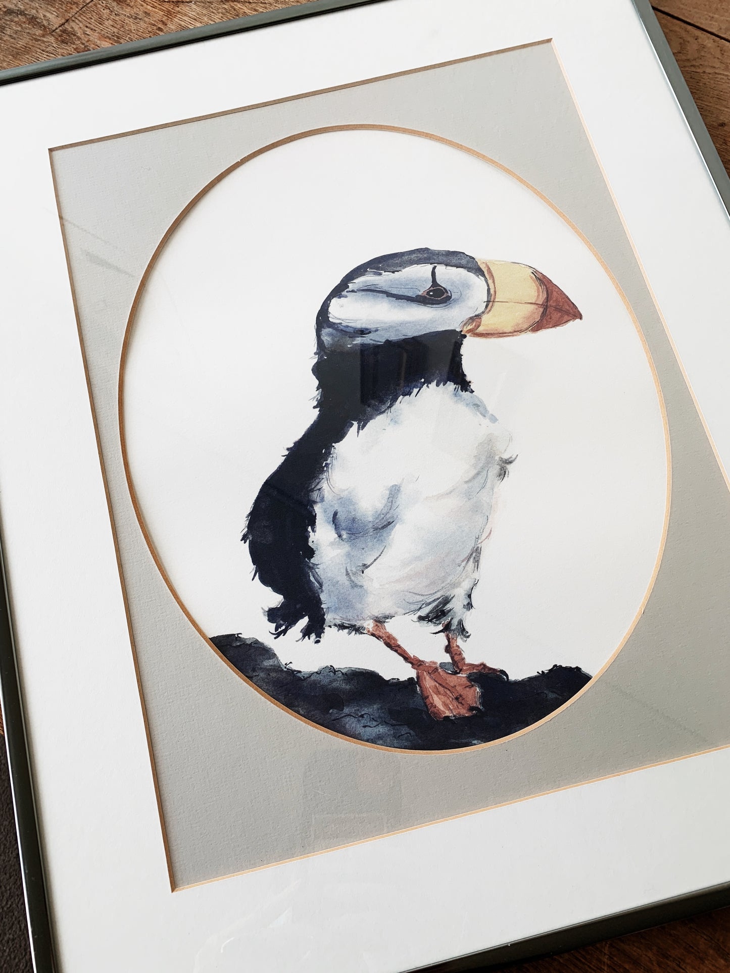 Original Framed Puffin Watercolor Painting