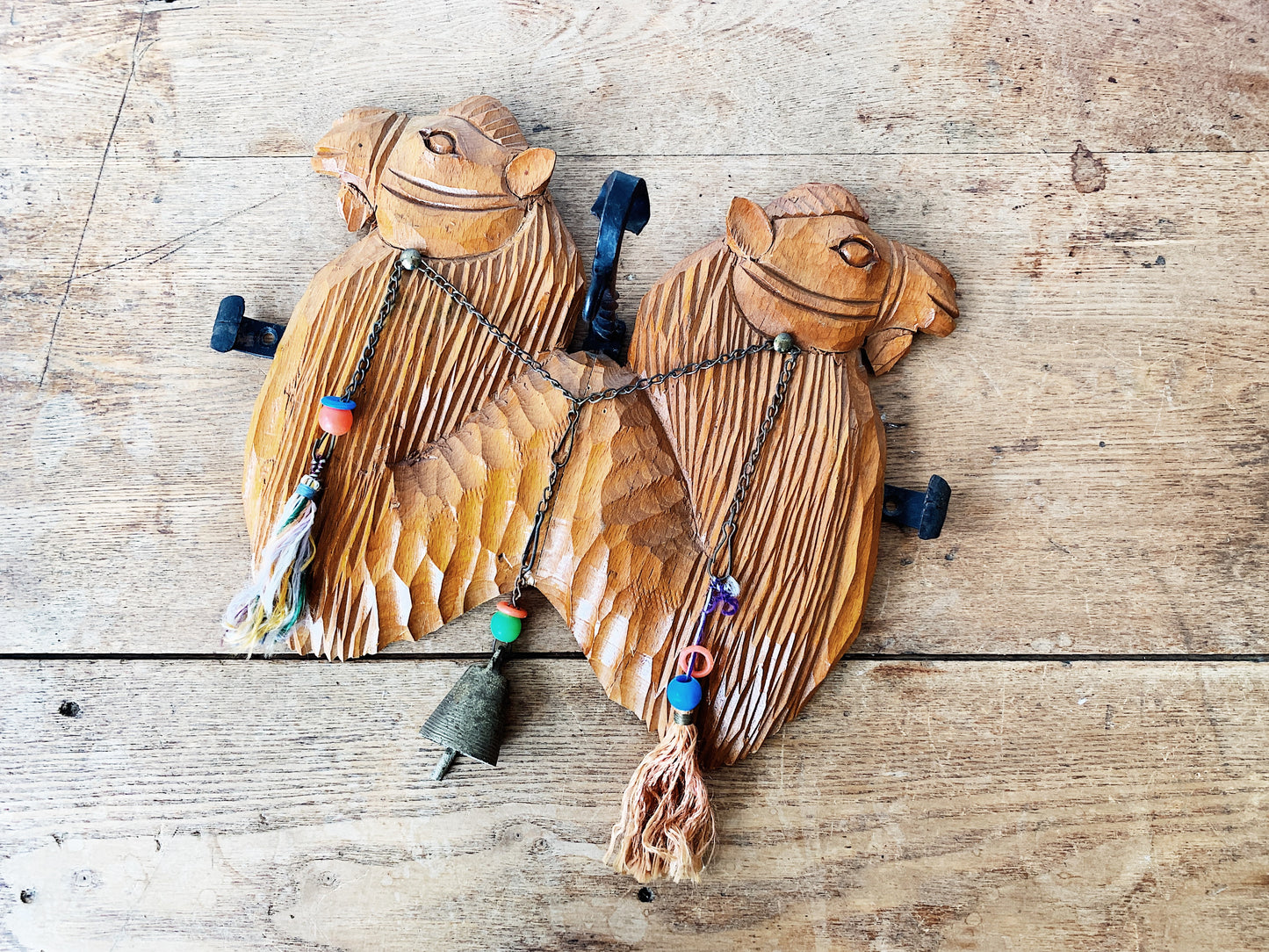 Handmade Wood Llamas and Cast Iron Piece