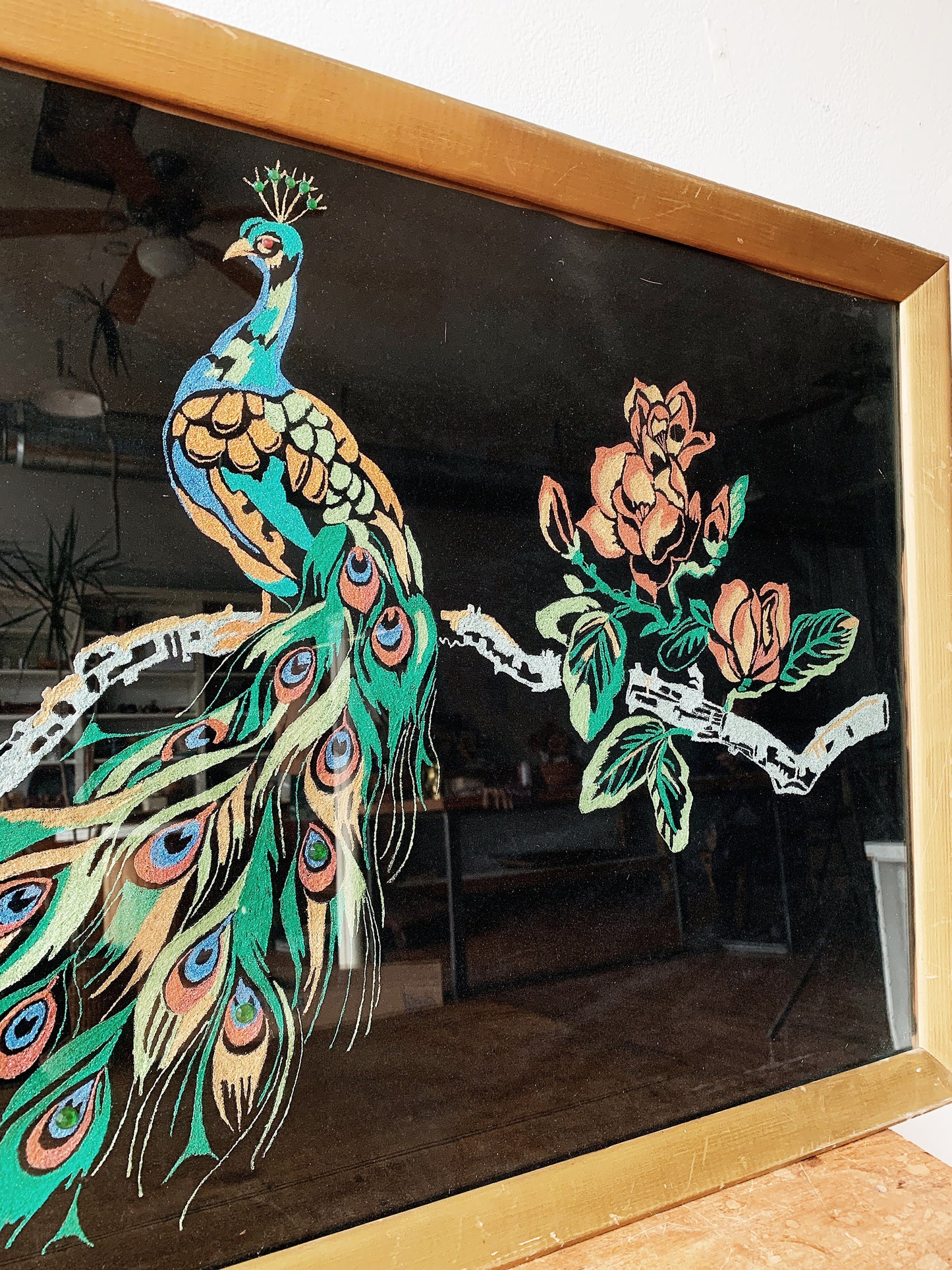 Vintage Framed Painted Velvet Peacock