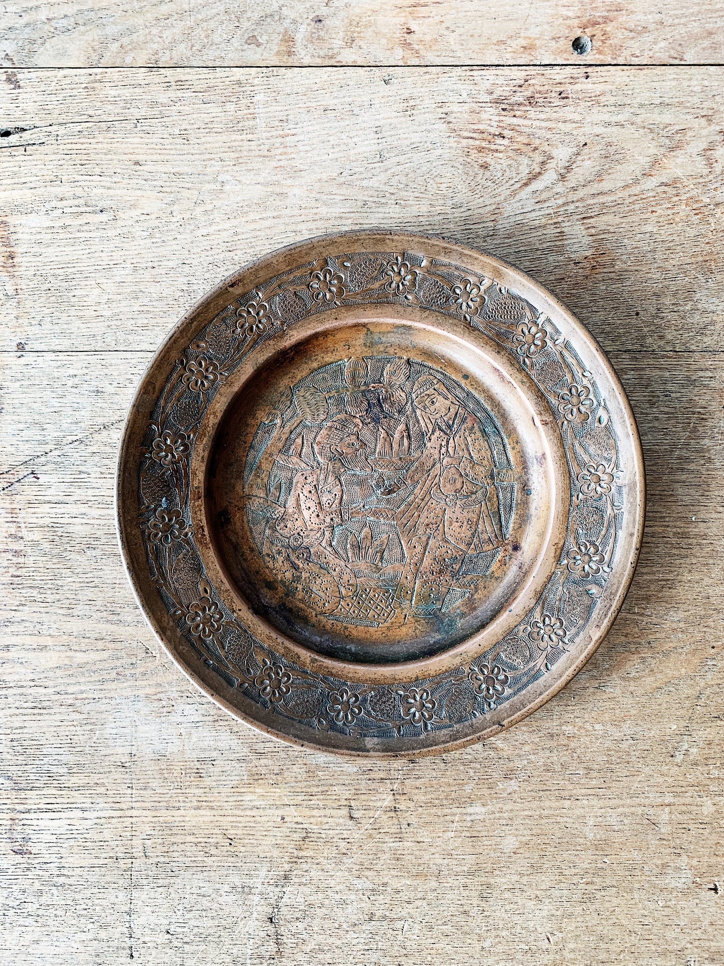 Vintage Incised Pictorial Copper Dish