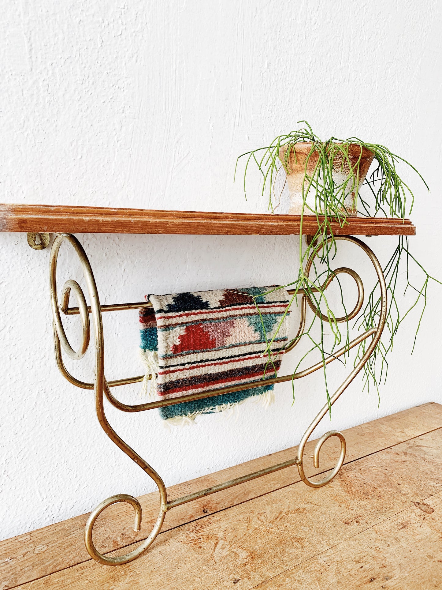 Vintage Wood and Brass Wall Shelf