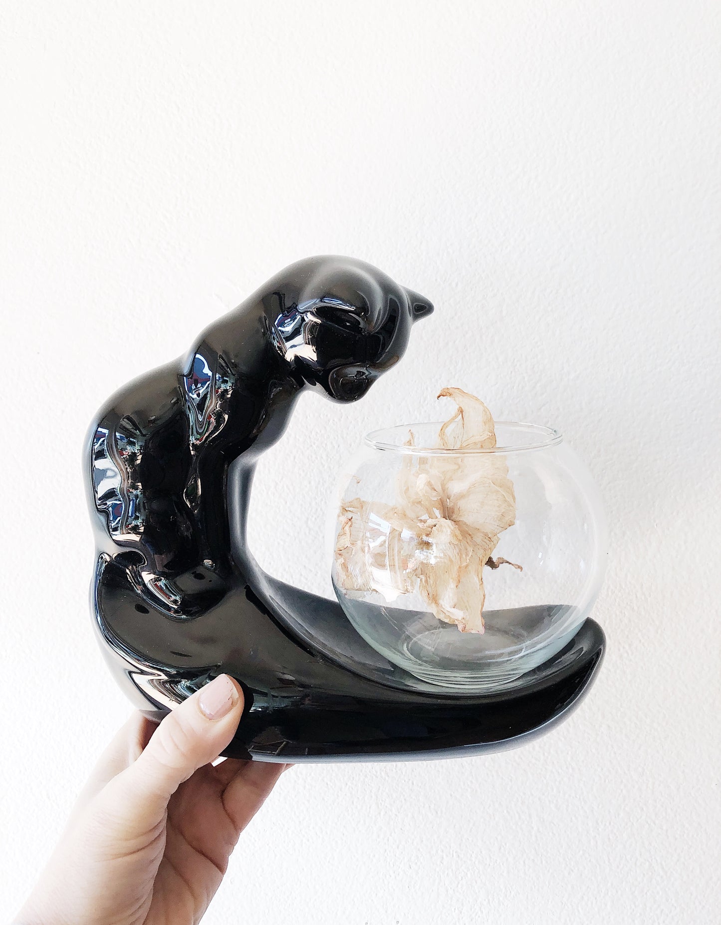 Vintage Ceramic Cat with Fishbowl Terrarium