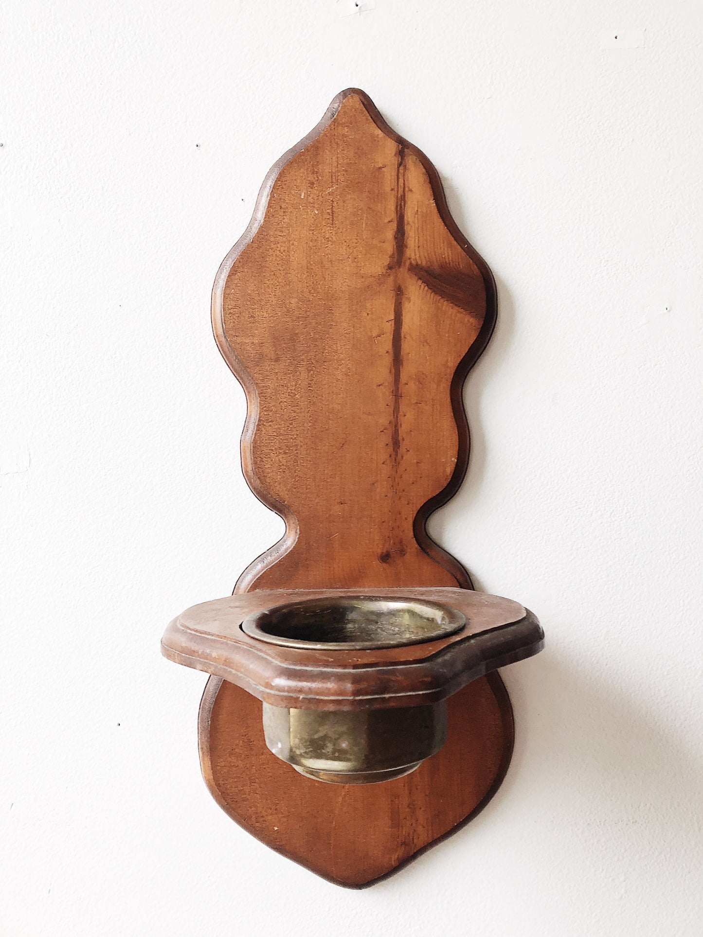 Vintage Wood Wall Planter and Brass Pot