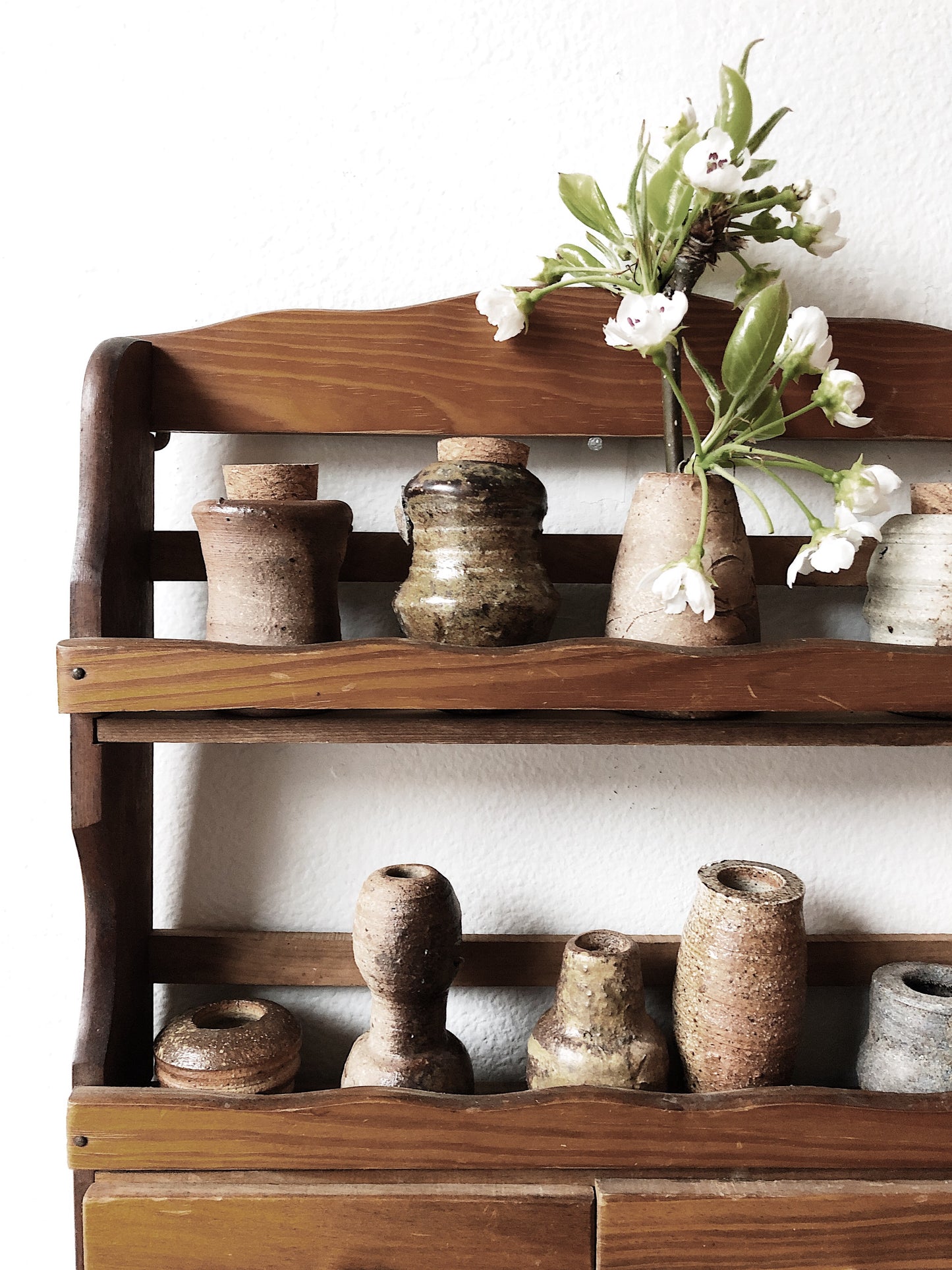 Vintage Wooden Spice Rack and Clay Vessels