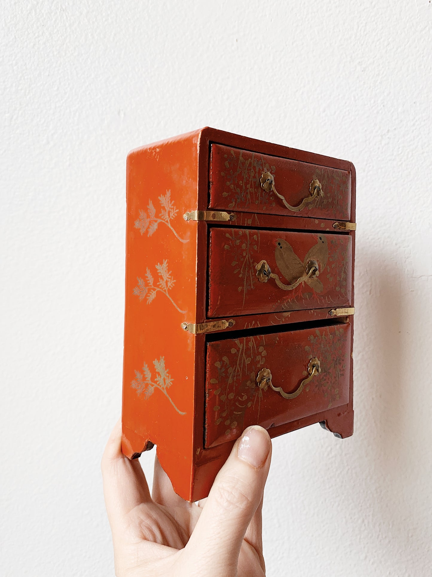 Vintage Painted Wood and Brass Jewelry Box