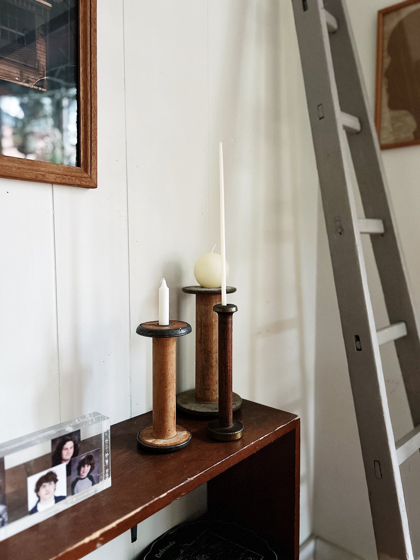 Trio of Antique Wooden Spool Candleholders