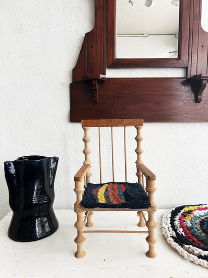 Handmade Mini Folk Art Chair with Hooked Seat Pad