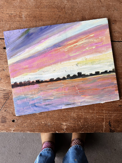 Vintage Pink Sky Landscape Painting