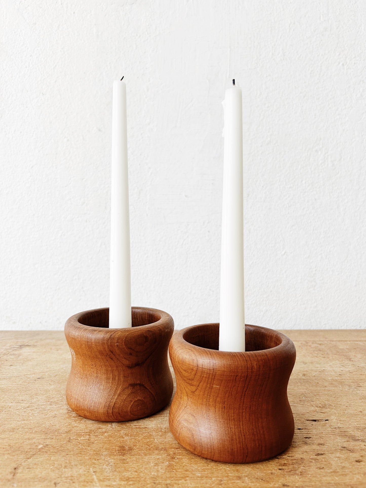 Vintage Scandinavian Wood or Brutalist Candle Holder Pair